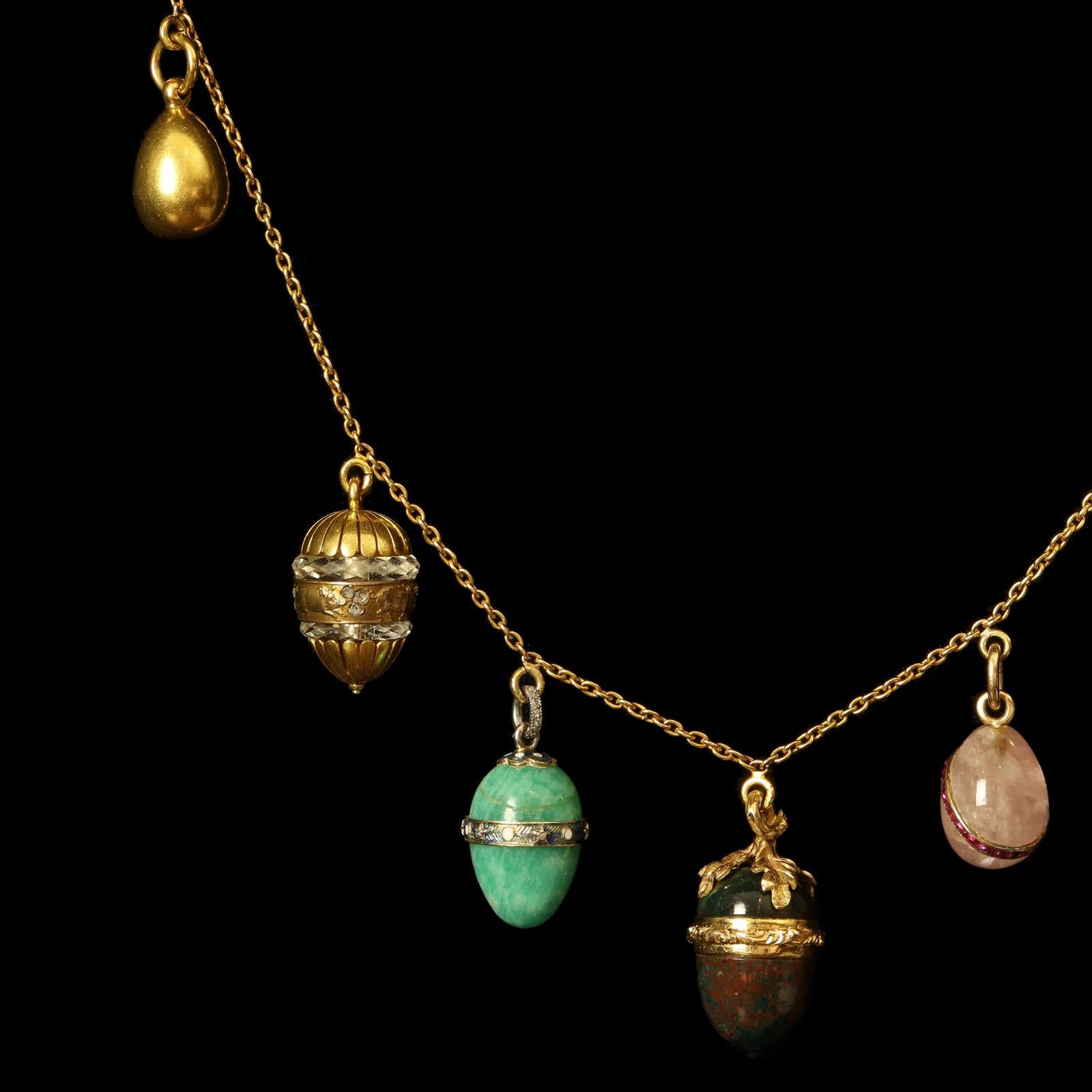 Late Victorian Wonderful Antique Collection of Egg Pendants Suspended from a Gold Necklace