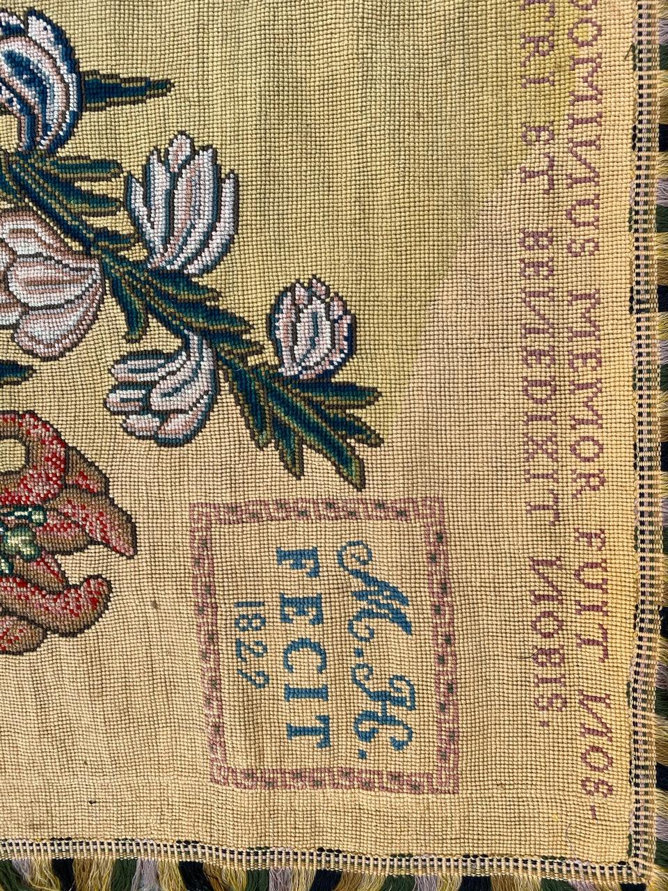 Very beautiful needlepoint French tapestry with very nice floral design and beautiful natural colors, very decorative, entirely hand embroidered with needlepoint method with wool and silk.