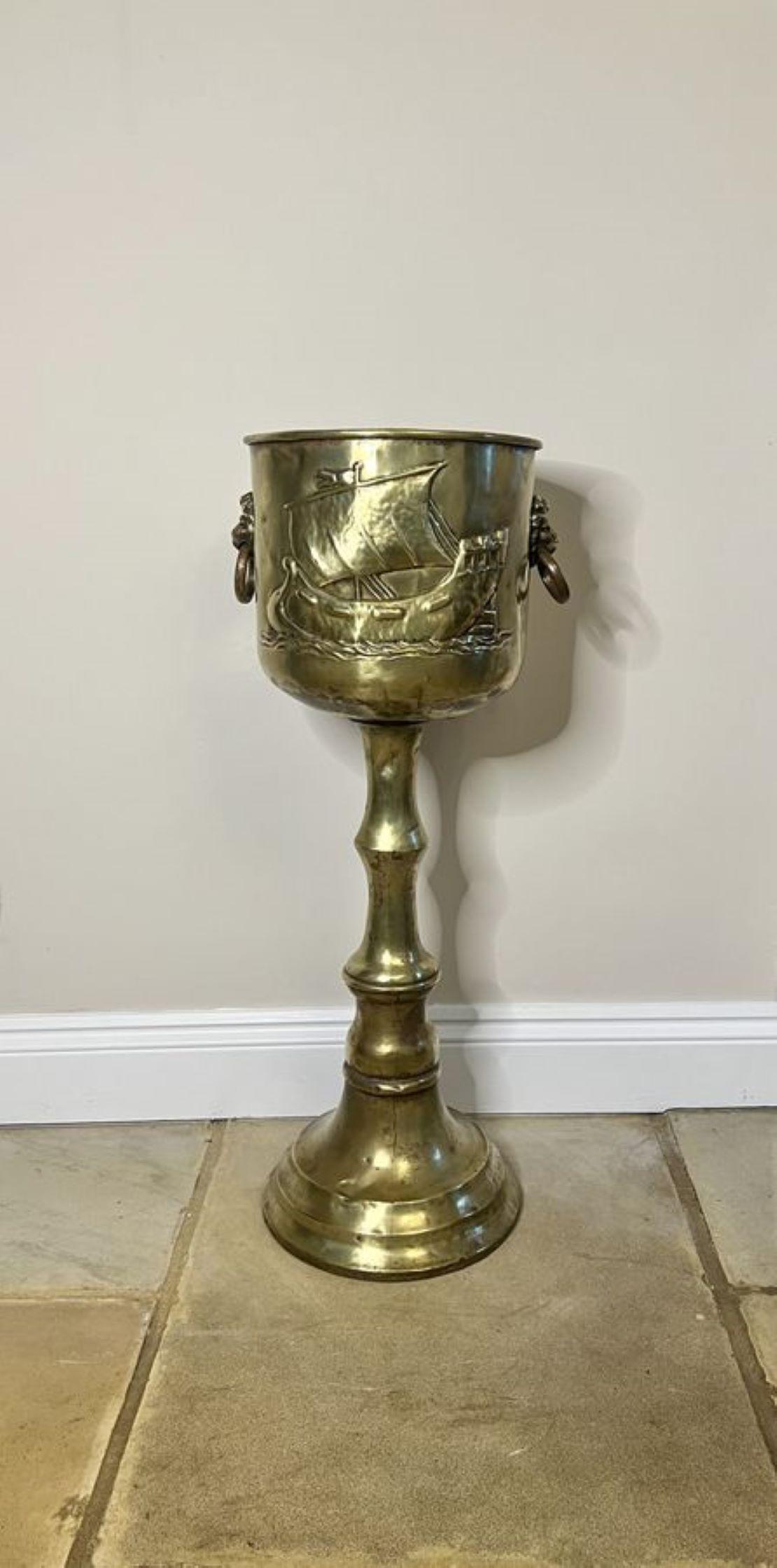 Wonderful antique Edwardian Dutch brass champagne bucket on a stand  3