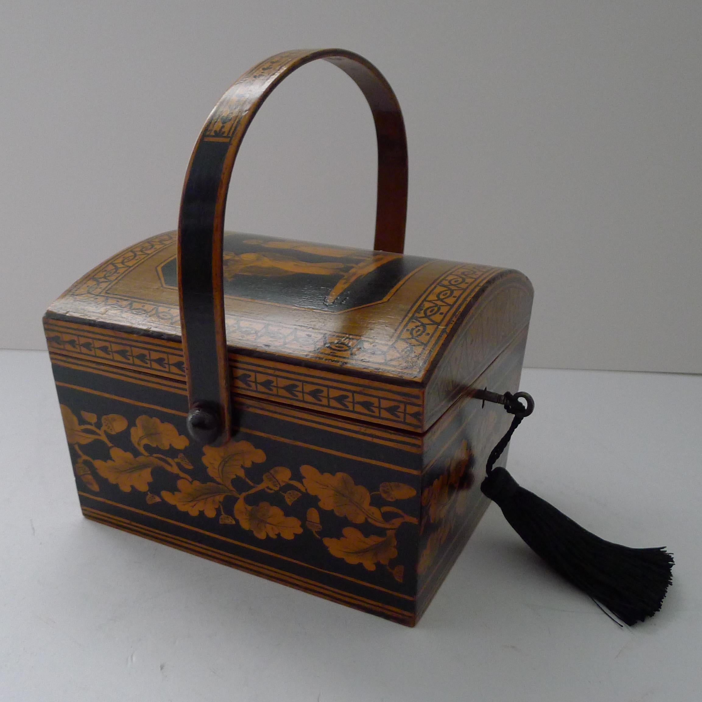 British Wonderful Antique English Penwork Sewing Box / Basket c.1820 For Sale