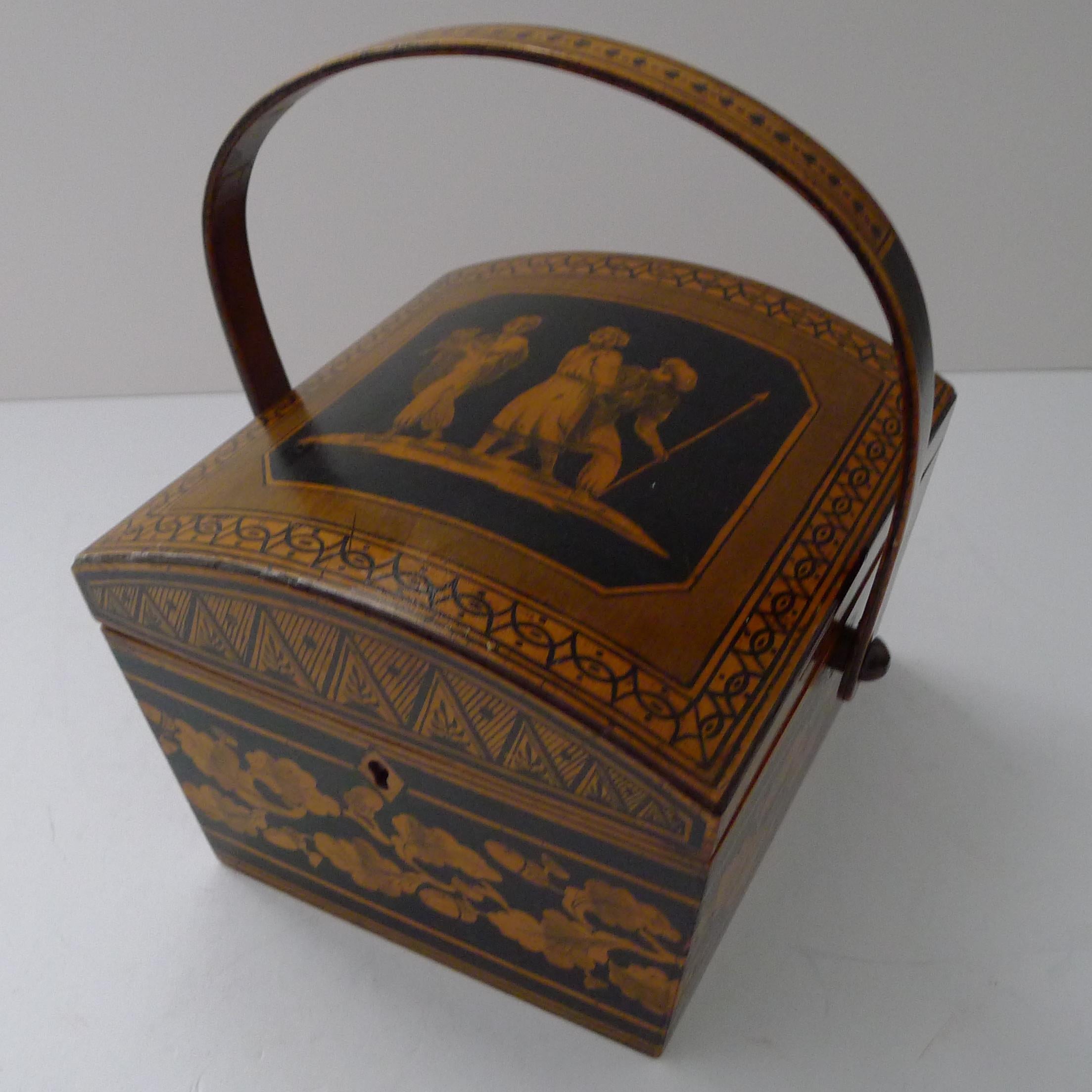 Early 19th Century Wonderful Antique English Penwork Sewing Box / Basket c.1820 For Sale