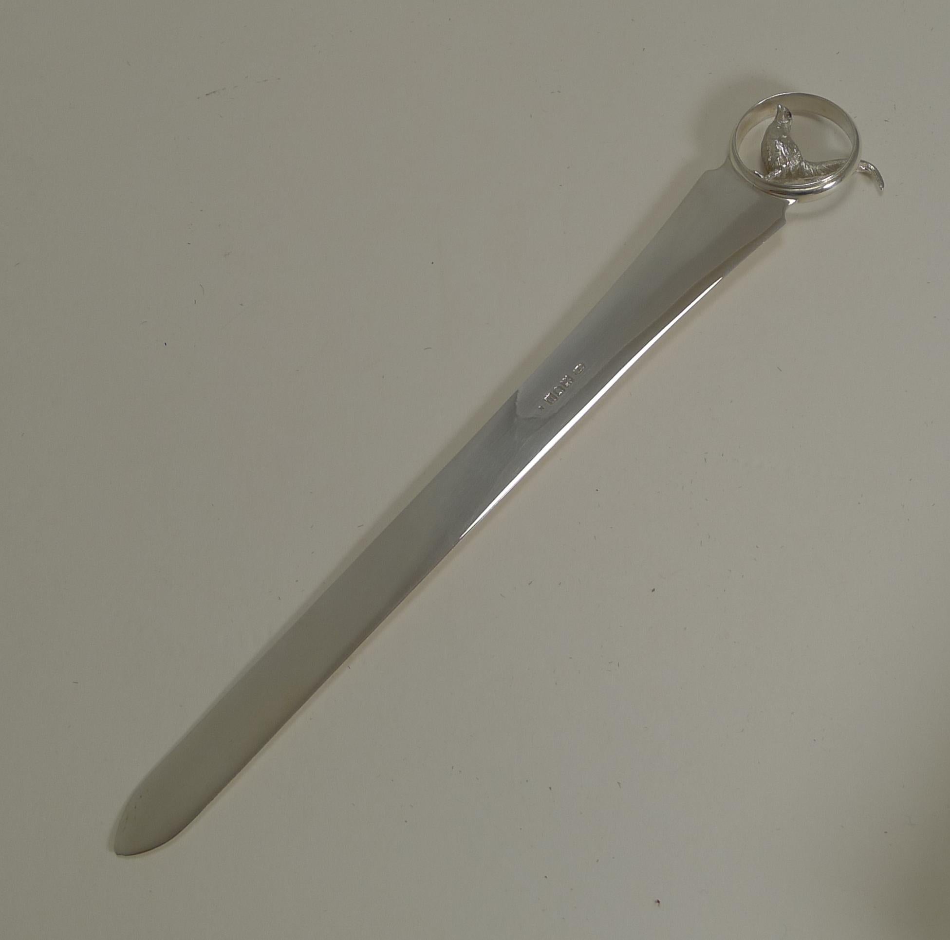 Wonderful Antique English Sterling Silver Letter Opener, Game Bird, Pheasant In Good Condition In Bath, GB
