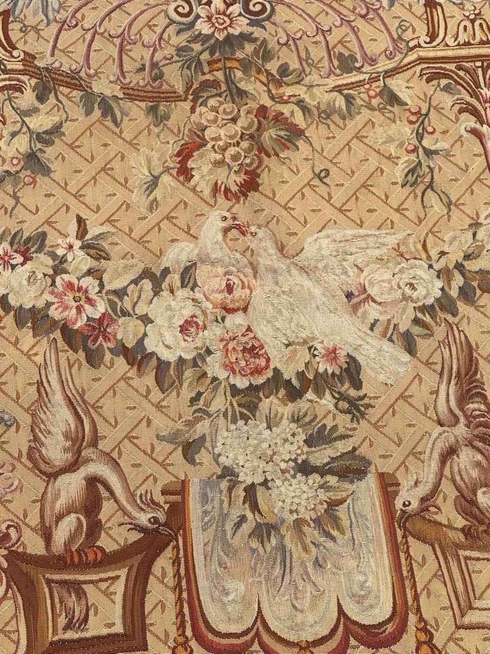 Very beautiful and fine Aubusson tapestry with a nice design in style of Louis XVI, featuring flower, birds and parrots, with beautiful natural colours, with a yellow background , pink, red, green, blue, purple and white, entirely and finely