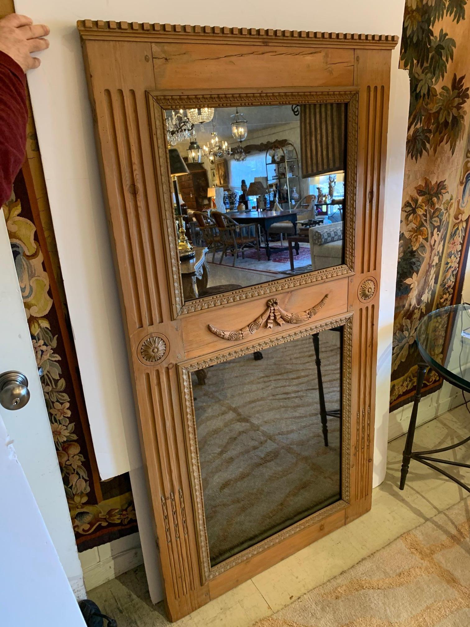 Wonderful Antique French Hand Carved Oak Trumeau Mirror For Sale 1