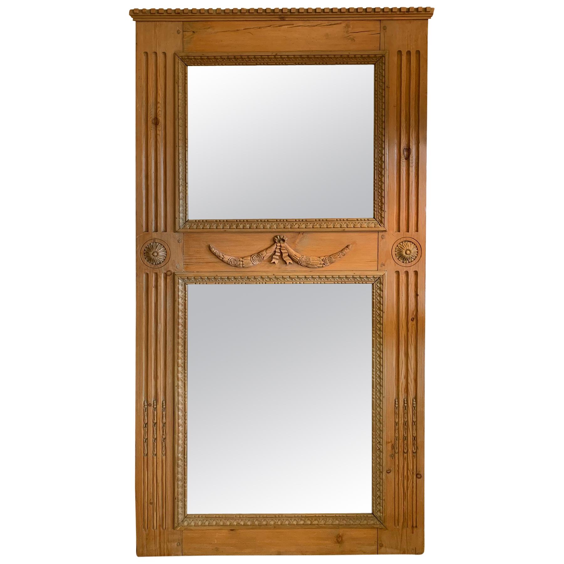 Wonderful Antique French Hand Carved Oak Trumeau Mirror For Sale