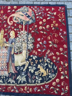 Meraviglioso arazzo Aubusson antico francese tessuto a mano "signora e licorno, udito"