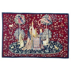 Meraviglioso arazzo Aubusson antico francese tessuto a mano "signora e licorno, udito"