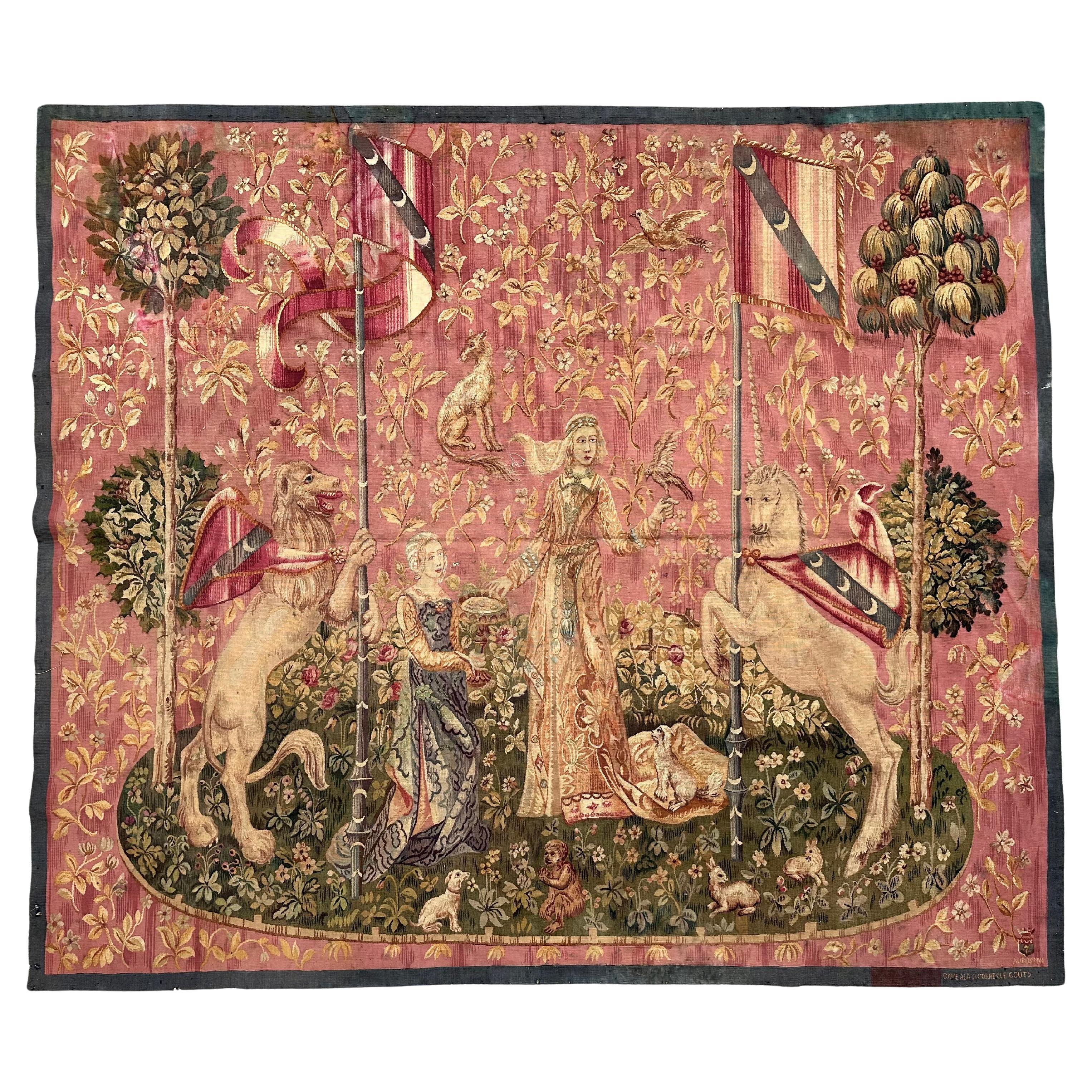 Wunderschöner antiker französischer handgewebter Aubusson-Wandteppich " Dame und Lakritz, Geschmack "