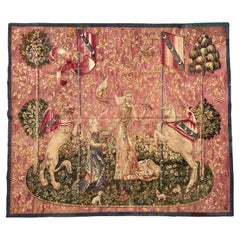Wonderful antique french handwoven Aubusson tapestry « lady and licorn, Taste »