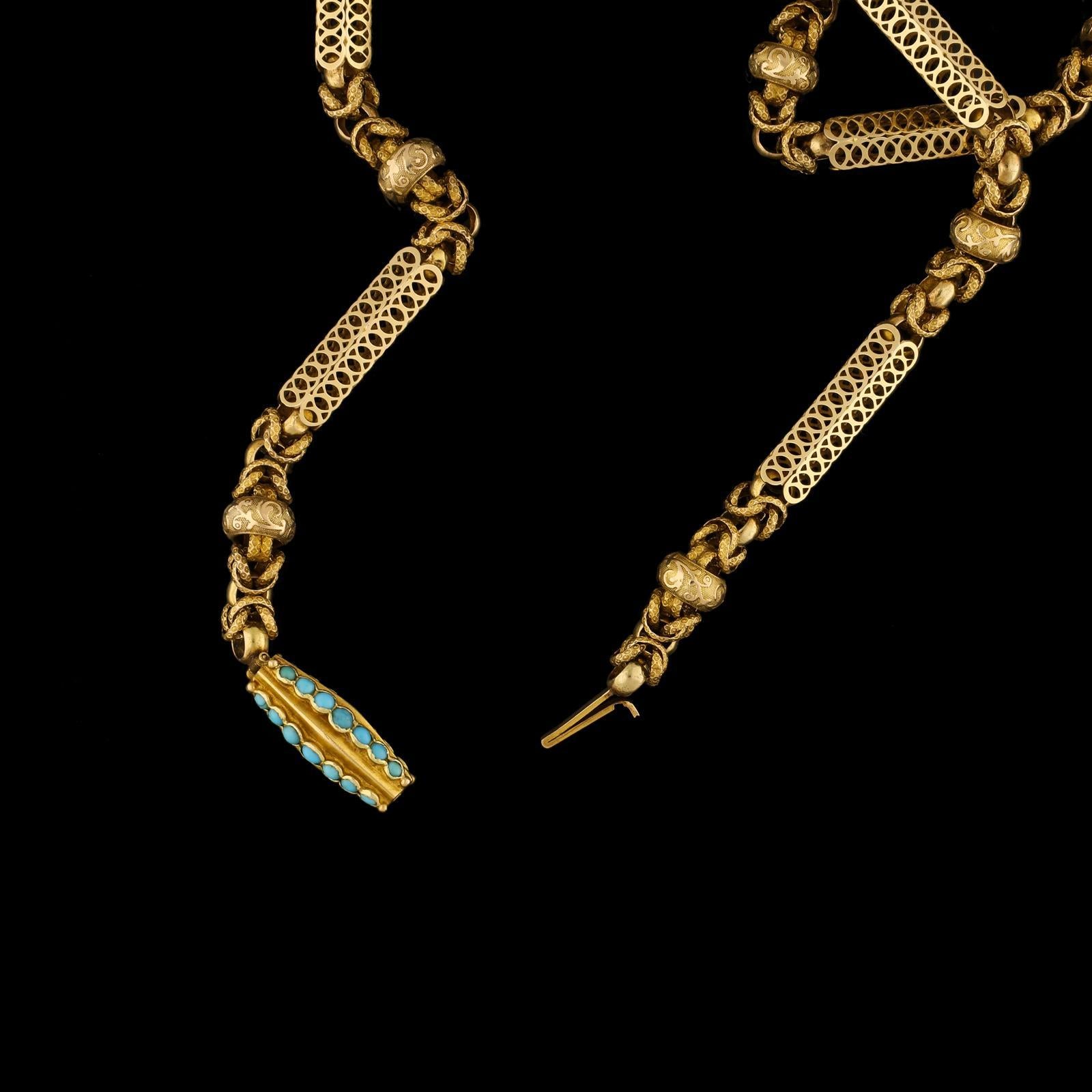 Wonderful Antique Georgian Gold Long Chain with Turquoise Clasp, circa 1830 In Excellent Condition In London, GB