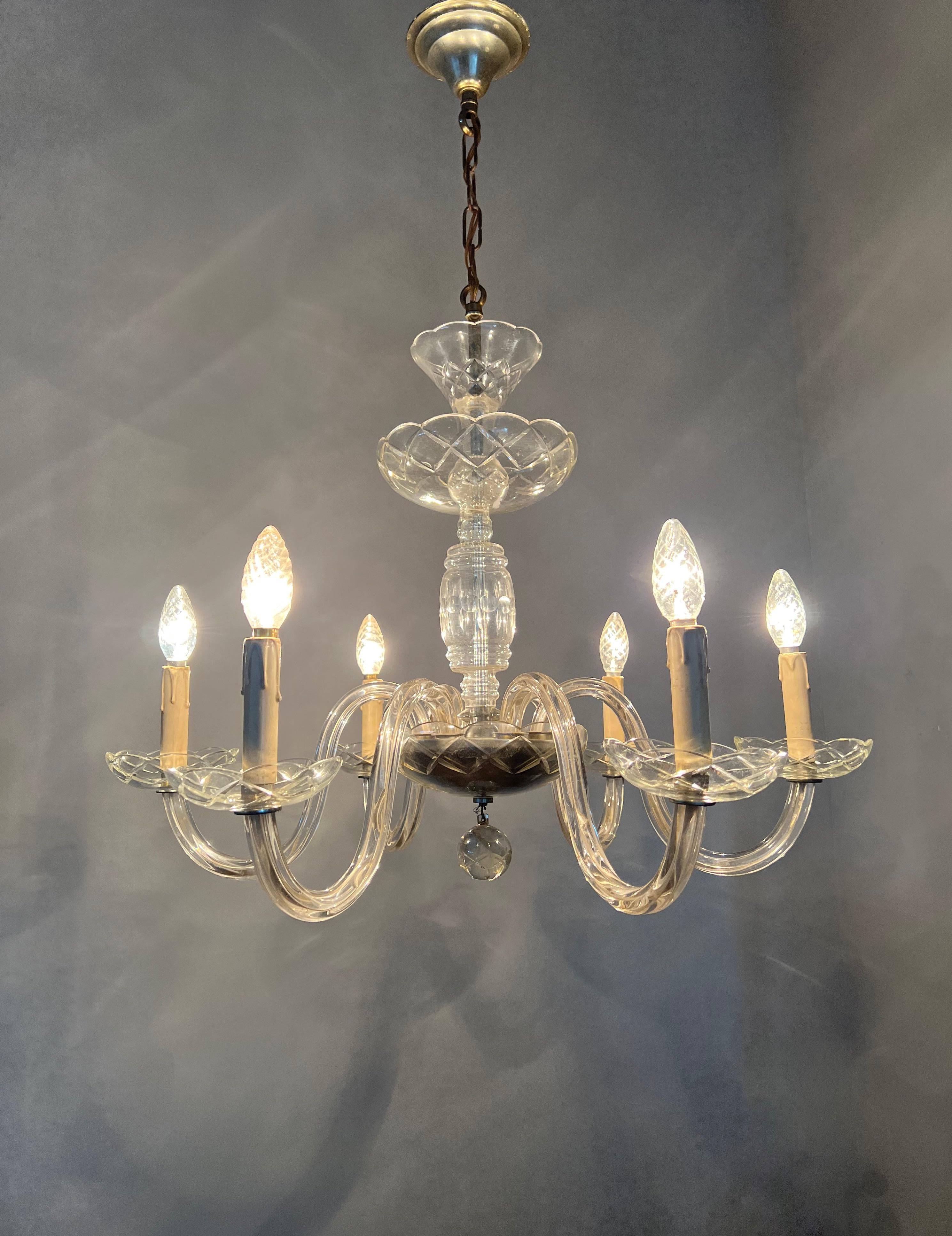 Wonderful Antique Italian Murano Crystal Glass Chandelier / Six Light Pendant For Sale 2