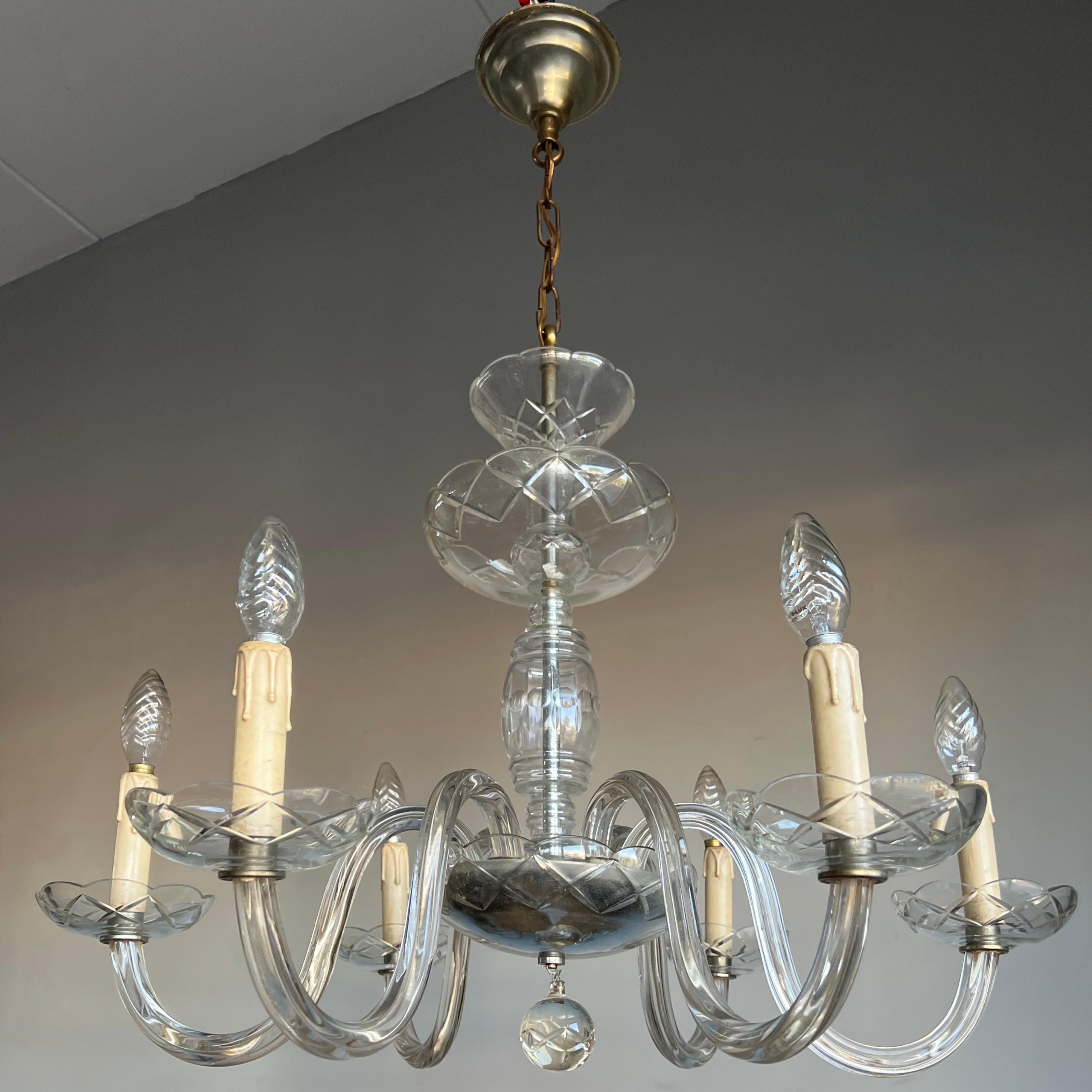 Wonderful Antique Italian Murano Crystal Glass Chandelier / Six Light Pendant For Sale 6