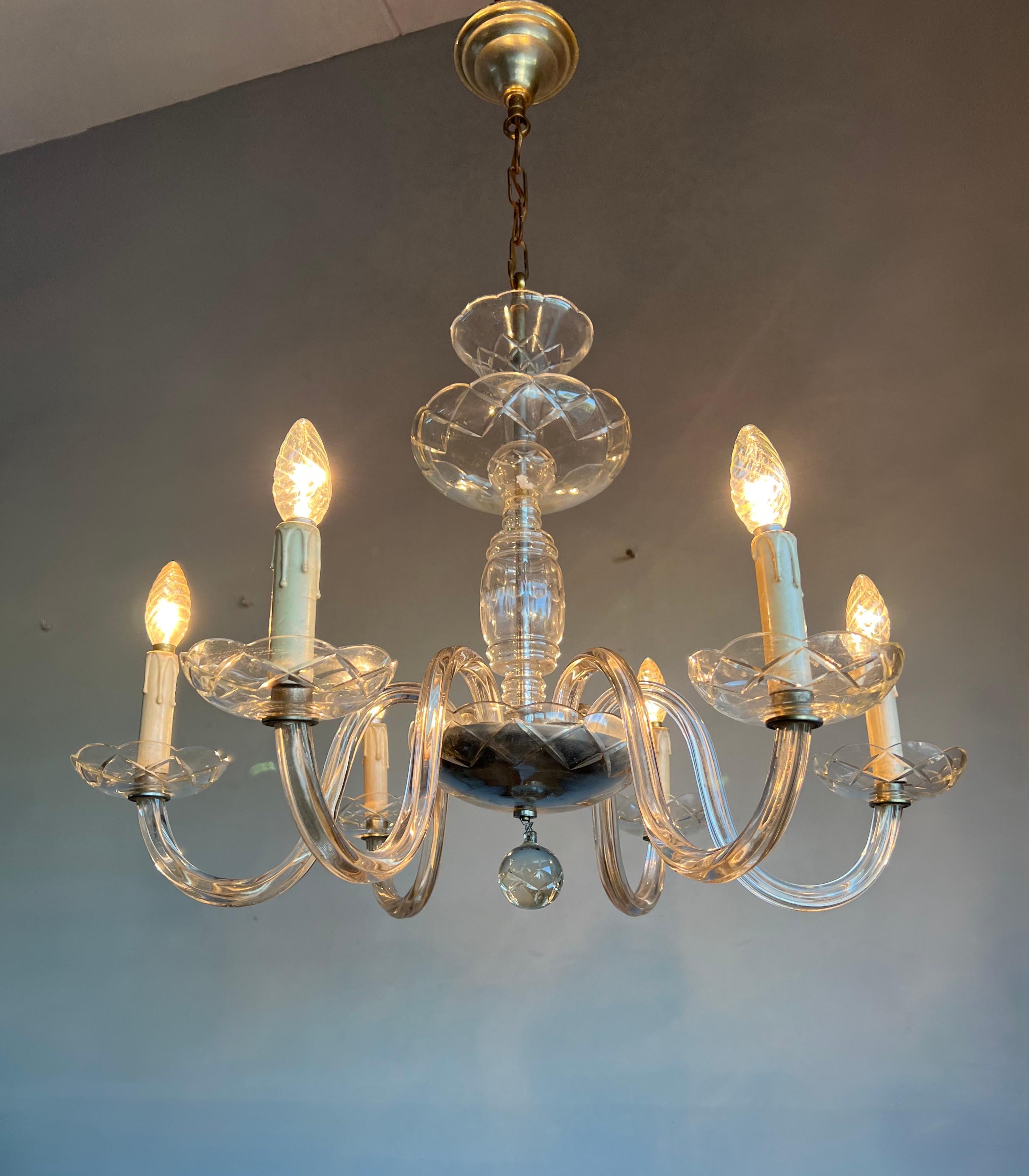 Wonderful Antique Italian Murano Crystal Glass Chandelier / Six Light Pendant For Sale 8