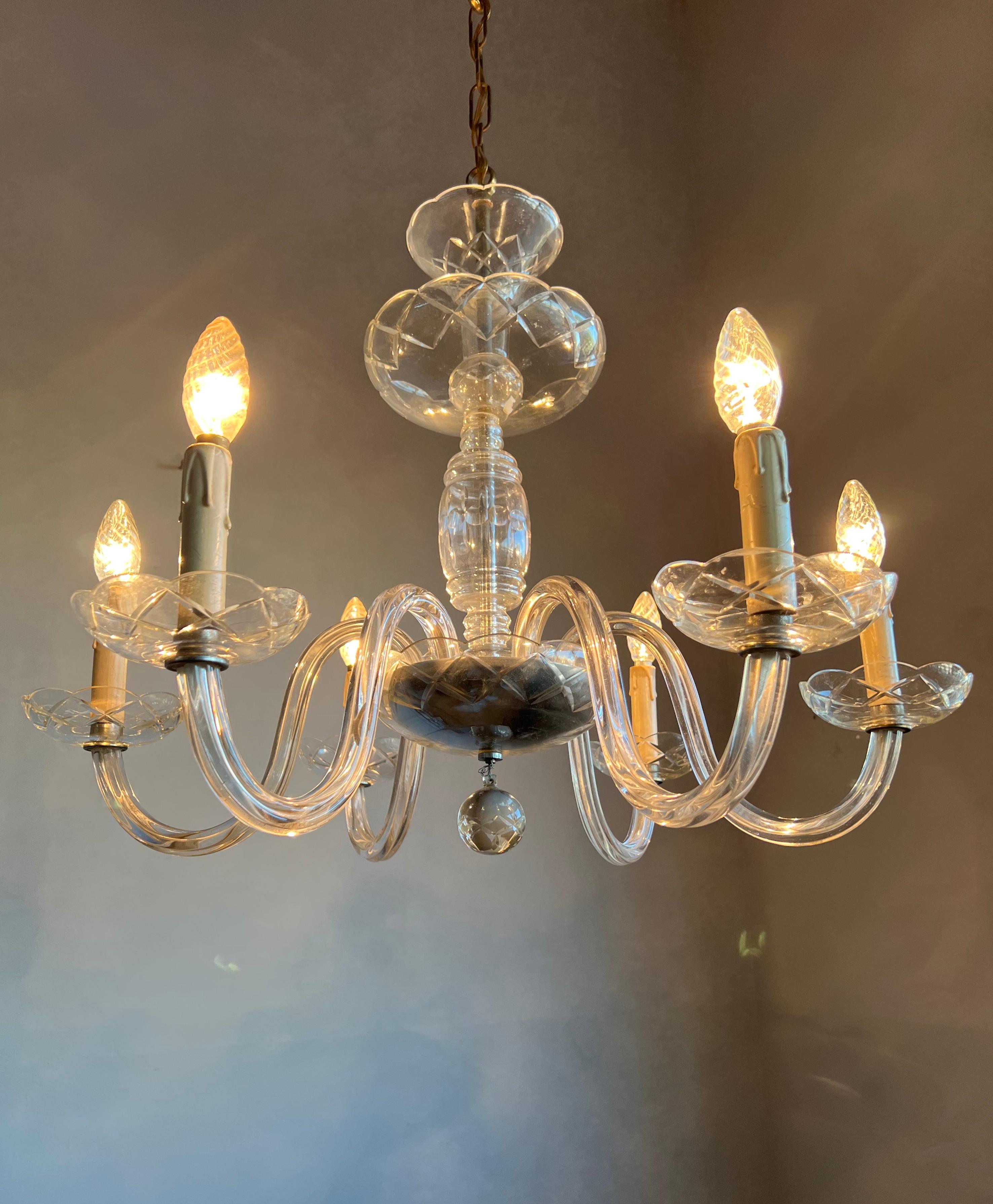 Wonderful Antique Italian Murano Crystal Glass Chandelier / Six Light Pendant For Sale 11