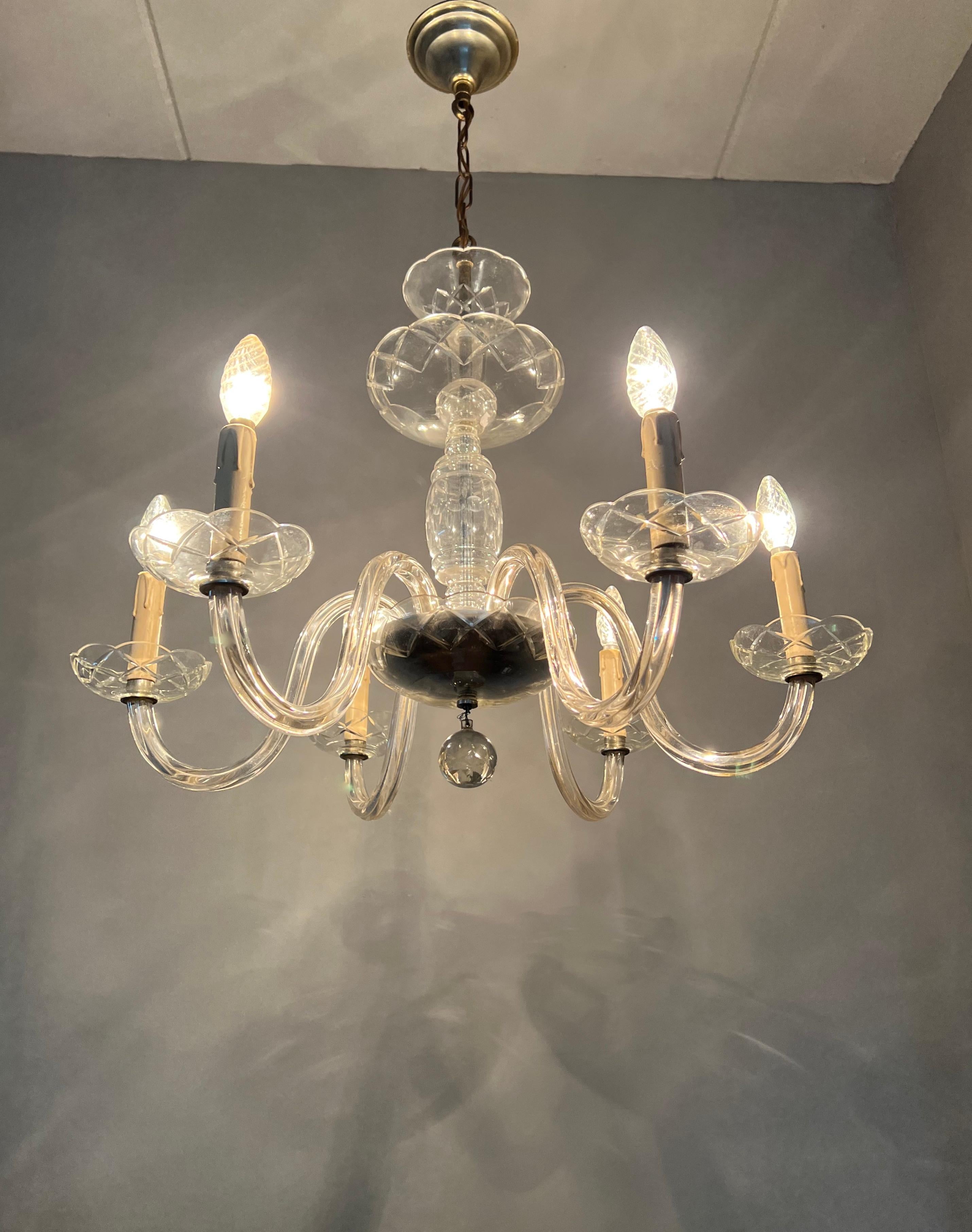 20th Century Wonderful Antique Italian Murano Crystal Glass Chandelier / Six Light Pendant For Sale