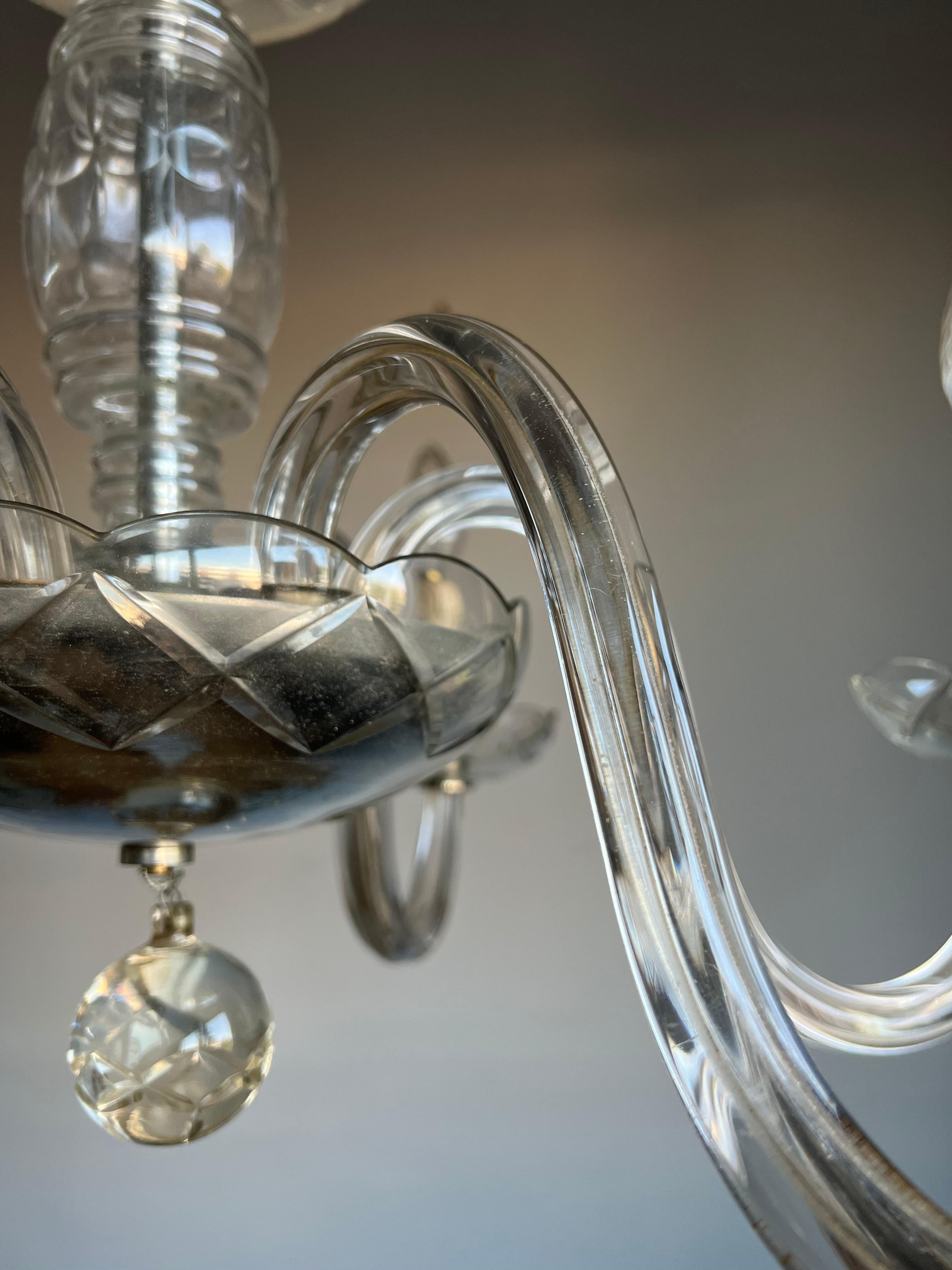 Antiker italienischer Murano-Kristallglas-Kronleuchter / Sechs-Licht-Anhänger (Messing) im Angebot