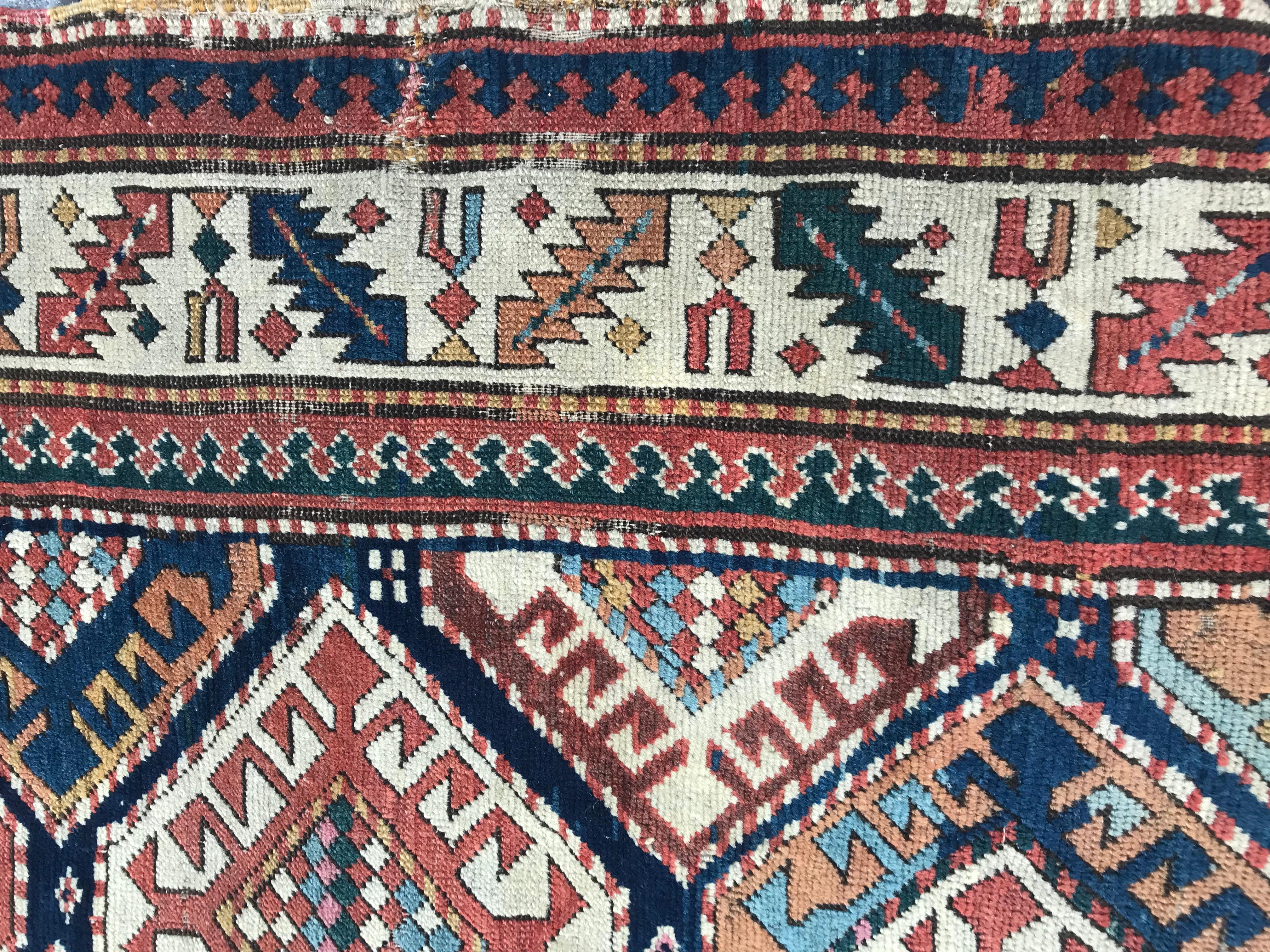 Wool Bobyrug’s Wonderful Antique Kazak Runner For Sale