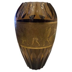 Wonderful Antique Moser Art Glass Smoke Crystal Vase Roman Warriors Gold Band