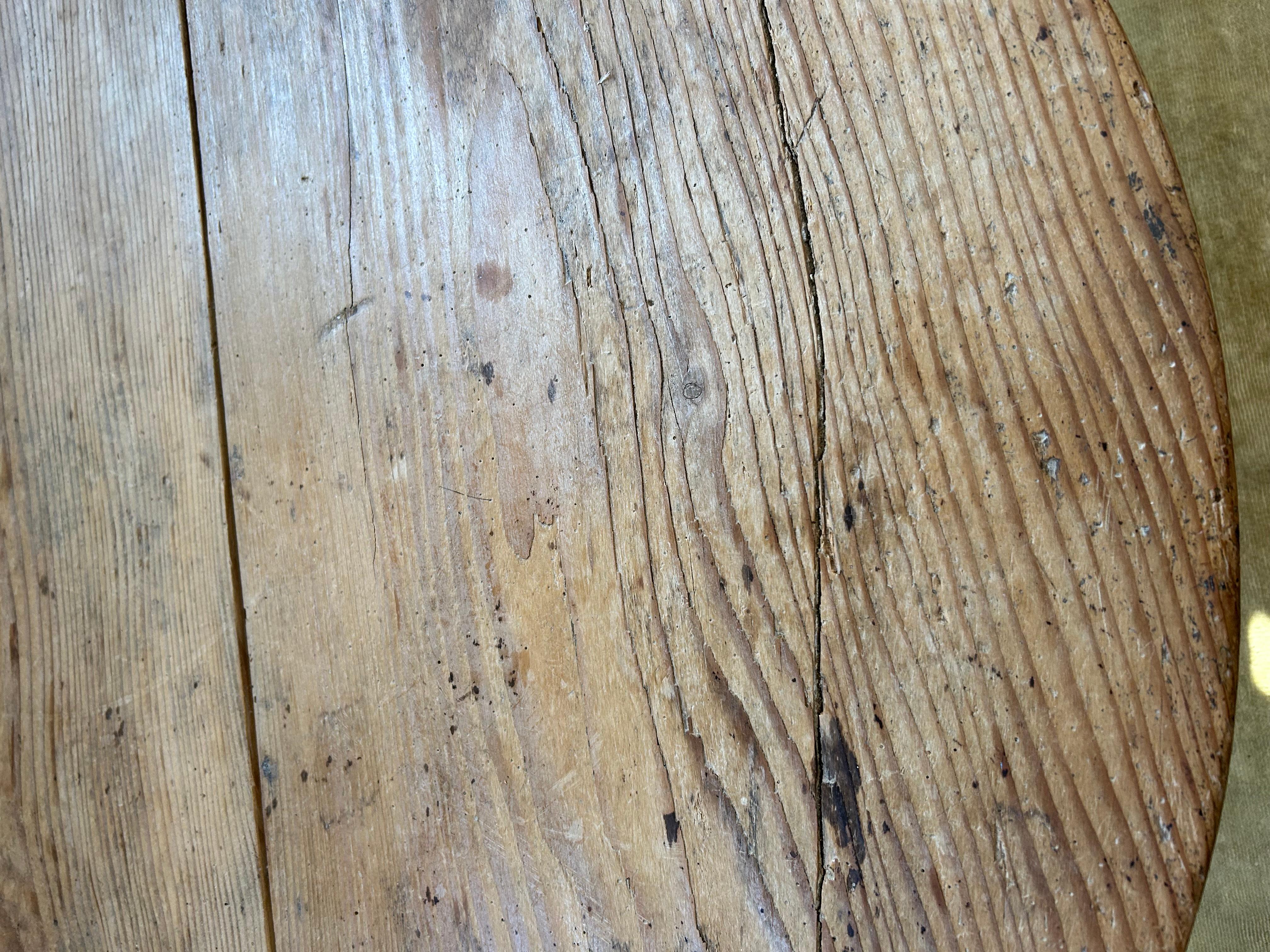 Wonderful Antique Natural Wood Round Wine Tasting Table In Distressed Condition In Hopewell, NJ