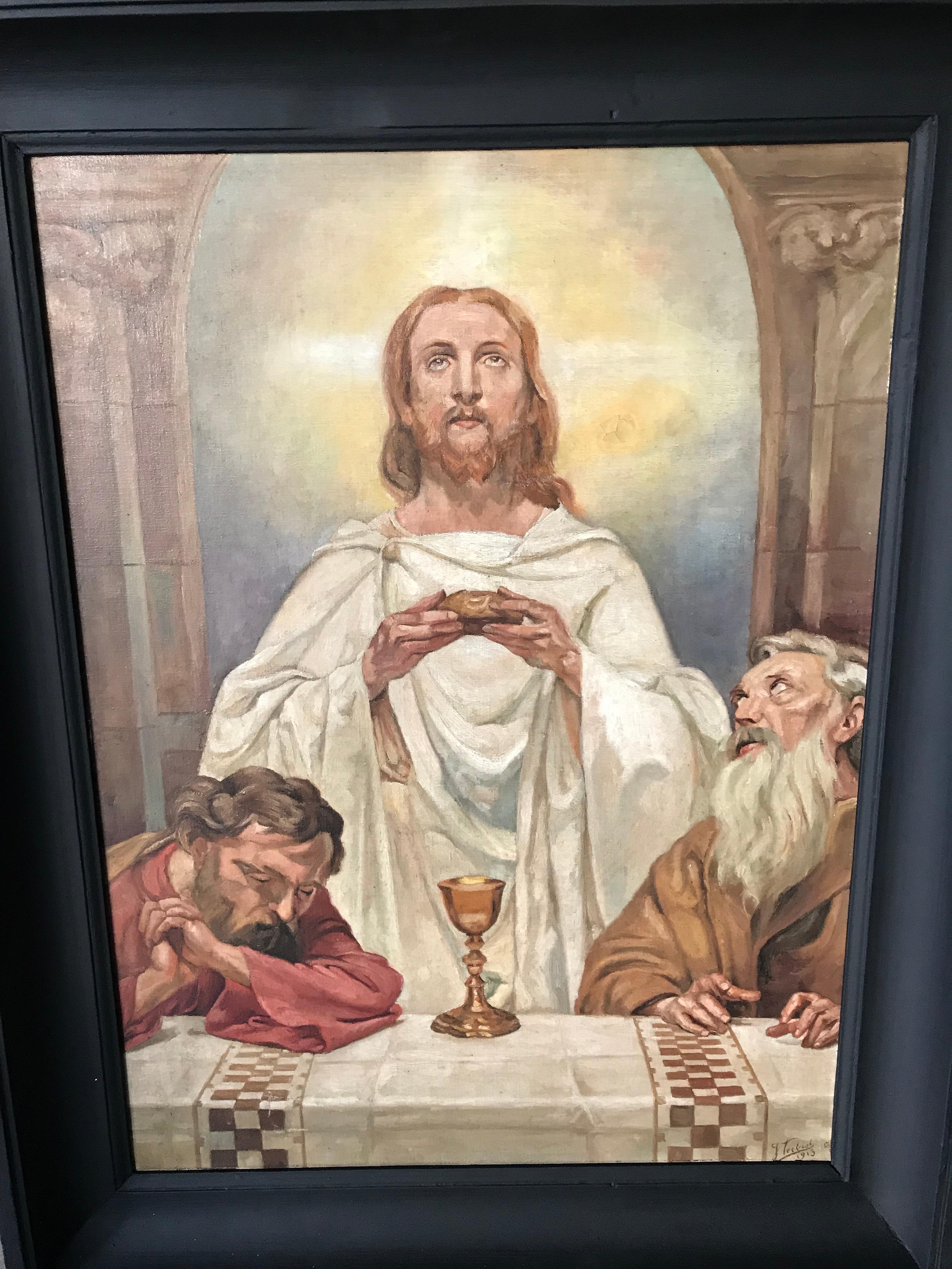 Linen Wonderful Antique Painting of Christ and Two Apostles in Ebonized Wooden Frame For Sale