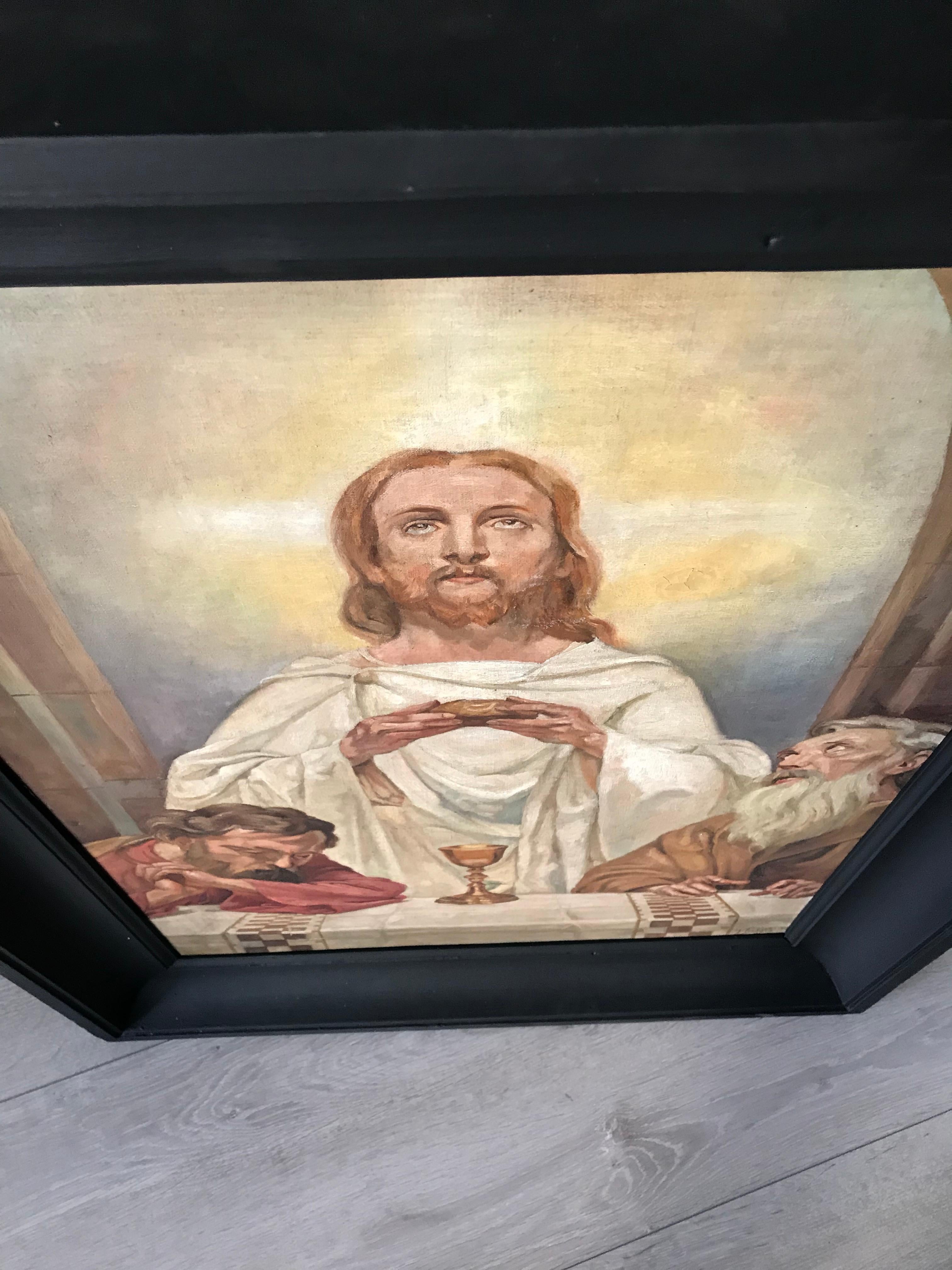 Wonderful Antique Painting of Christ and Two Apostles in Ebonized Wooden Frame For Sale 1