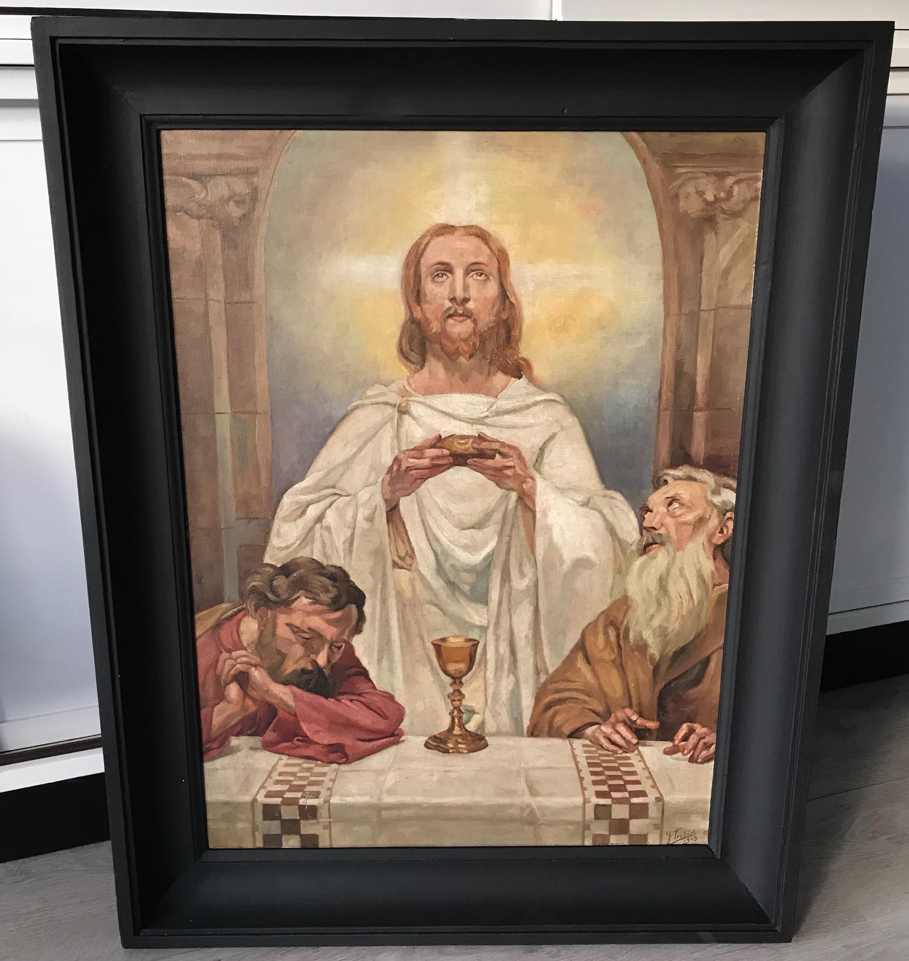 Merveilleuse peinture ancienne représentant le Christ et deux aumôniers dans un cadre en bois ébénisé en vente 7