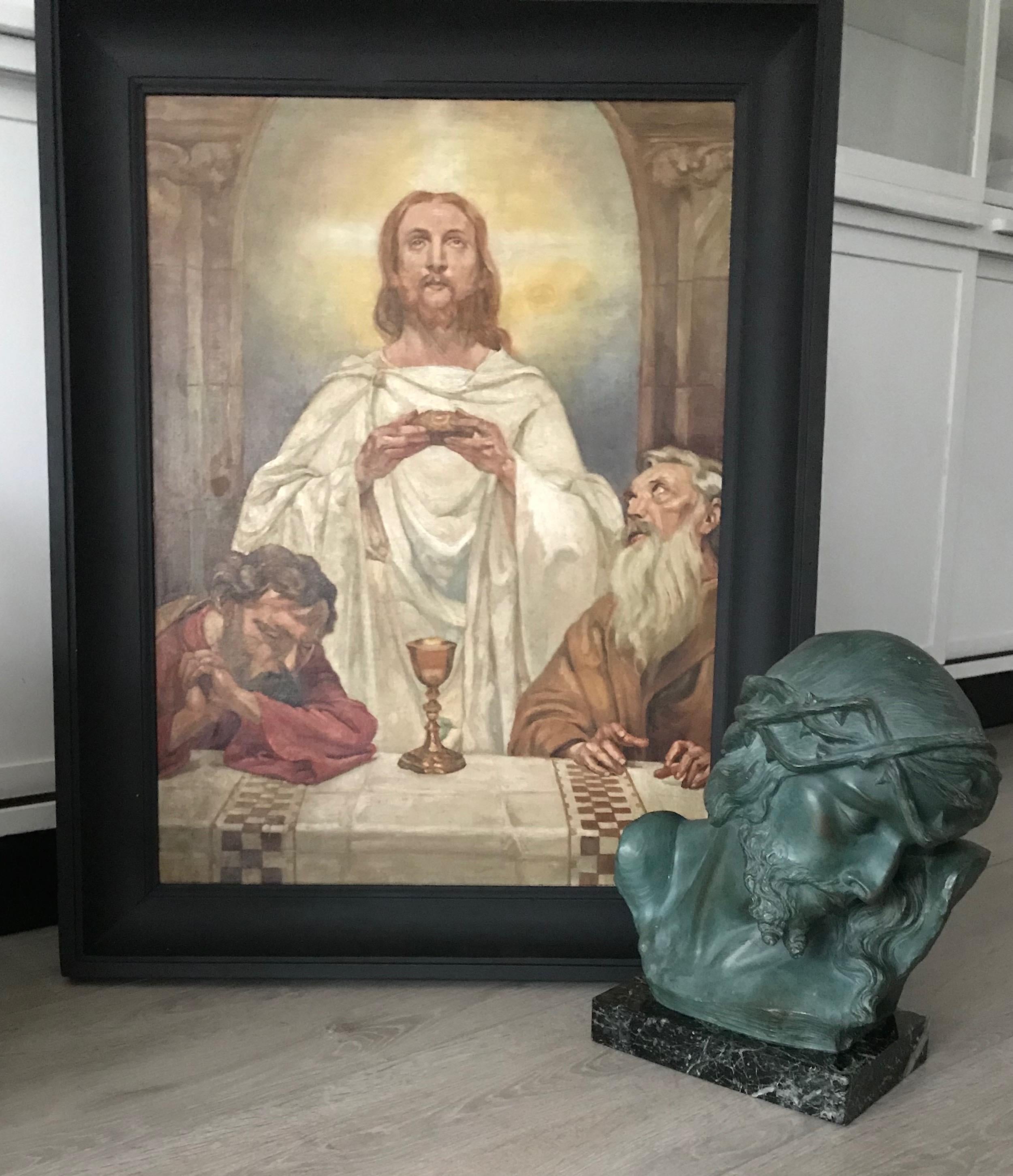 Wonderful Antique Painting of Christ and Two Apostles in Ebonized Wooden Frame For Sale 8