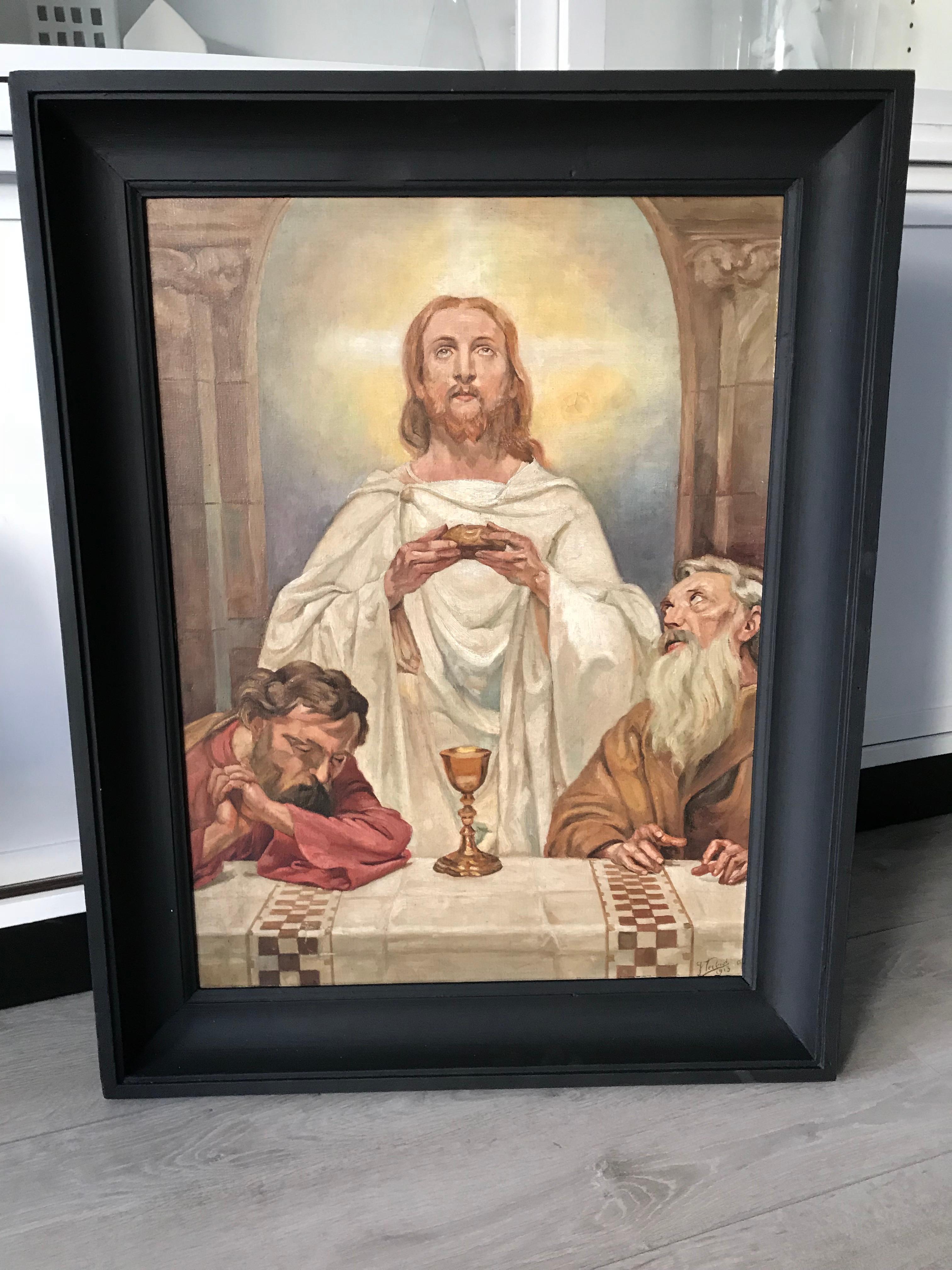 Meaningful and perfect size, religious work of art.

We find it refreshing to see Christ in this original 1913 oil painting as the spiritual master that he was (in a ceremonial act) and not suffering. Those other works of art can certainly be