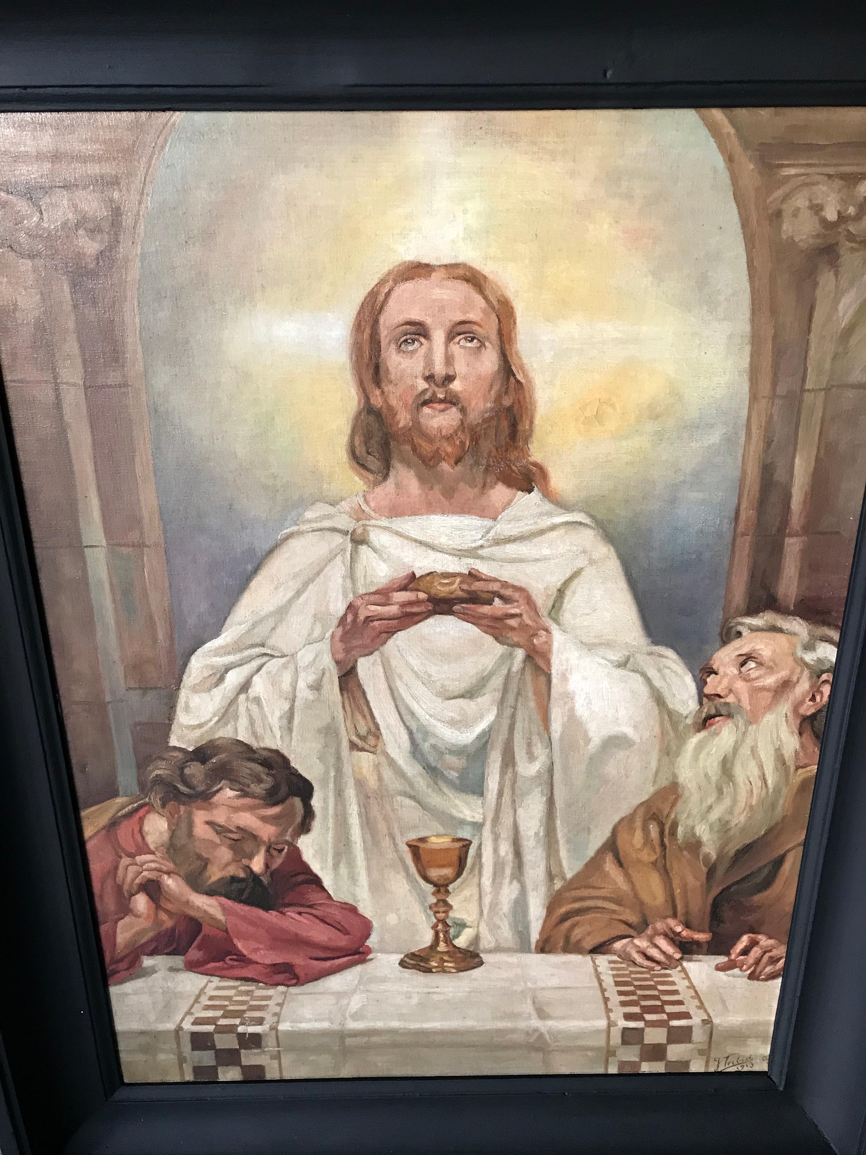 Renaissance Merveilleuse peinture ancienne représentant le Christ et deux aumôniers dans un cadre en bois ébénisé en vente