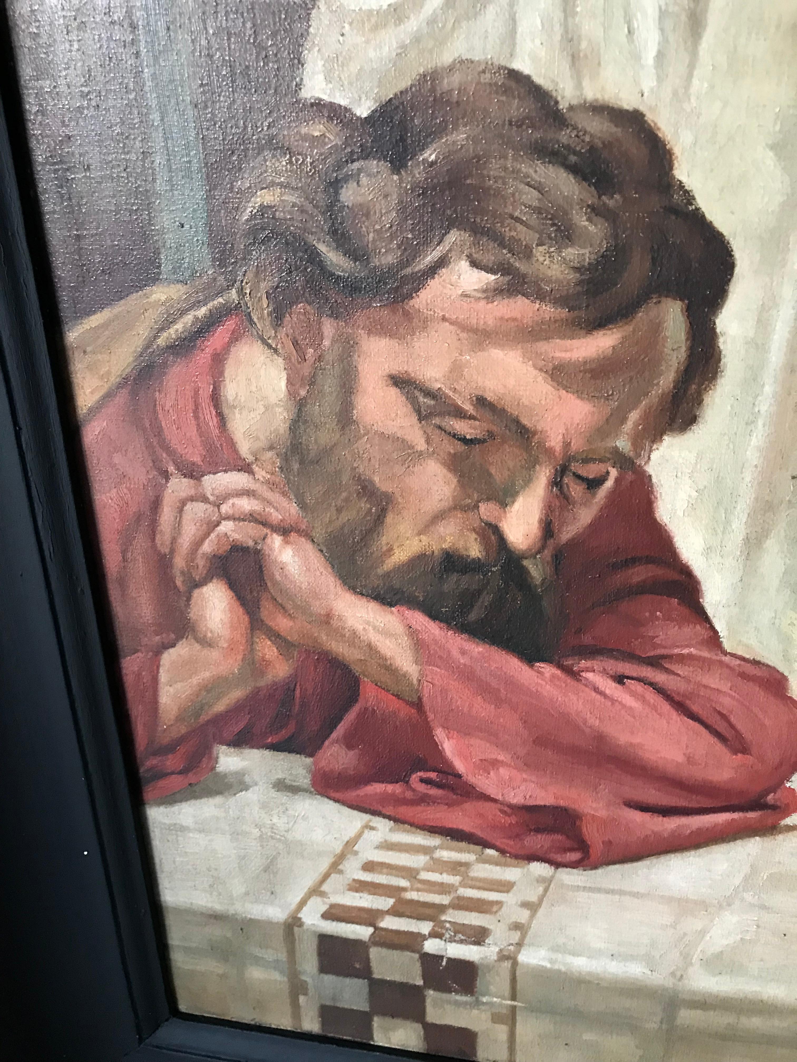 20ième siècle Merveilleuse peinture ancienne représentant le Christ et deux aumôniers dans un cadre en bois ébénisé en vente