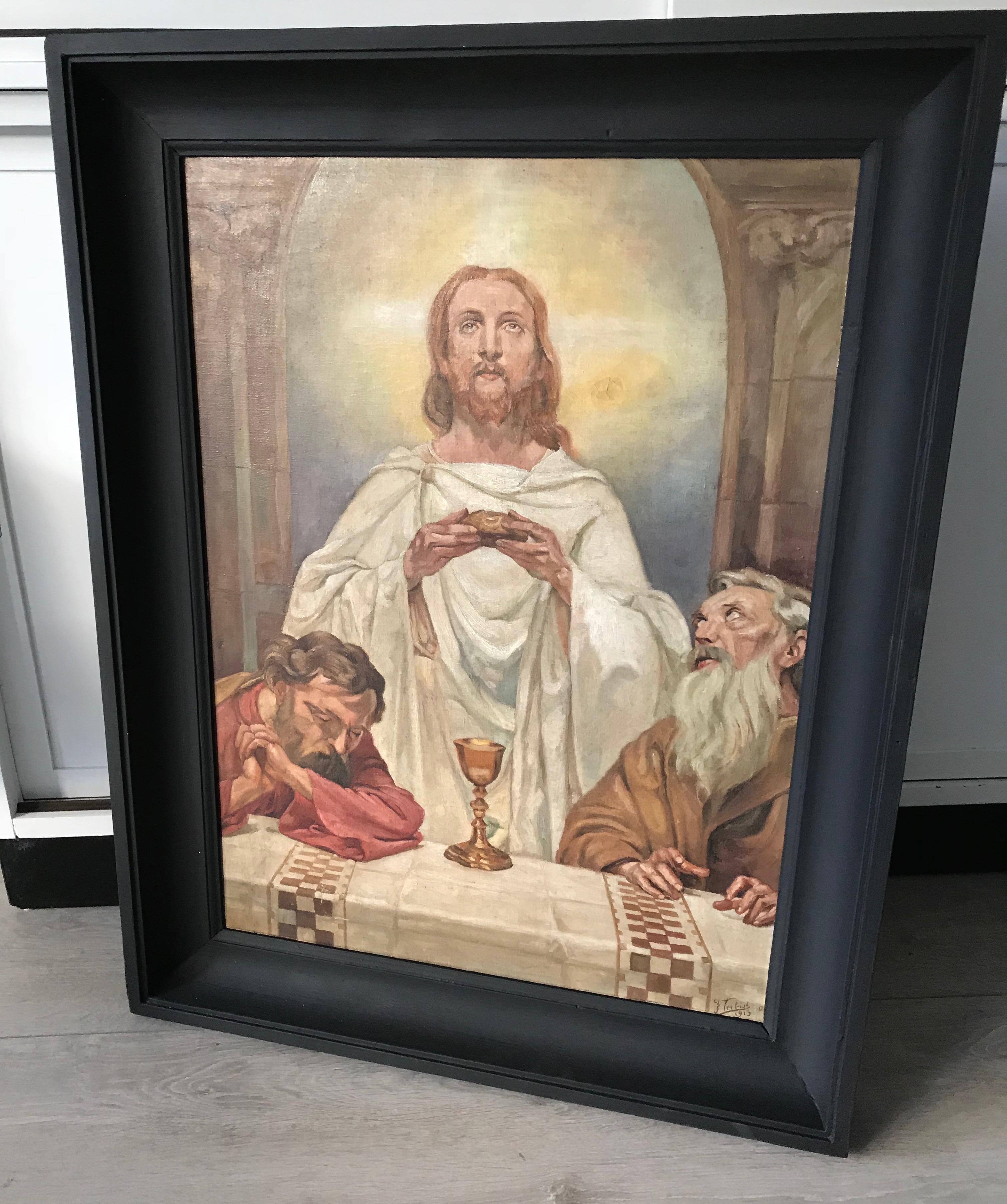 Lin Merveilleuse peinture ancienne représentant le Christ et deux aumôniers dans un cadre en bois ébénisé en vente
