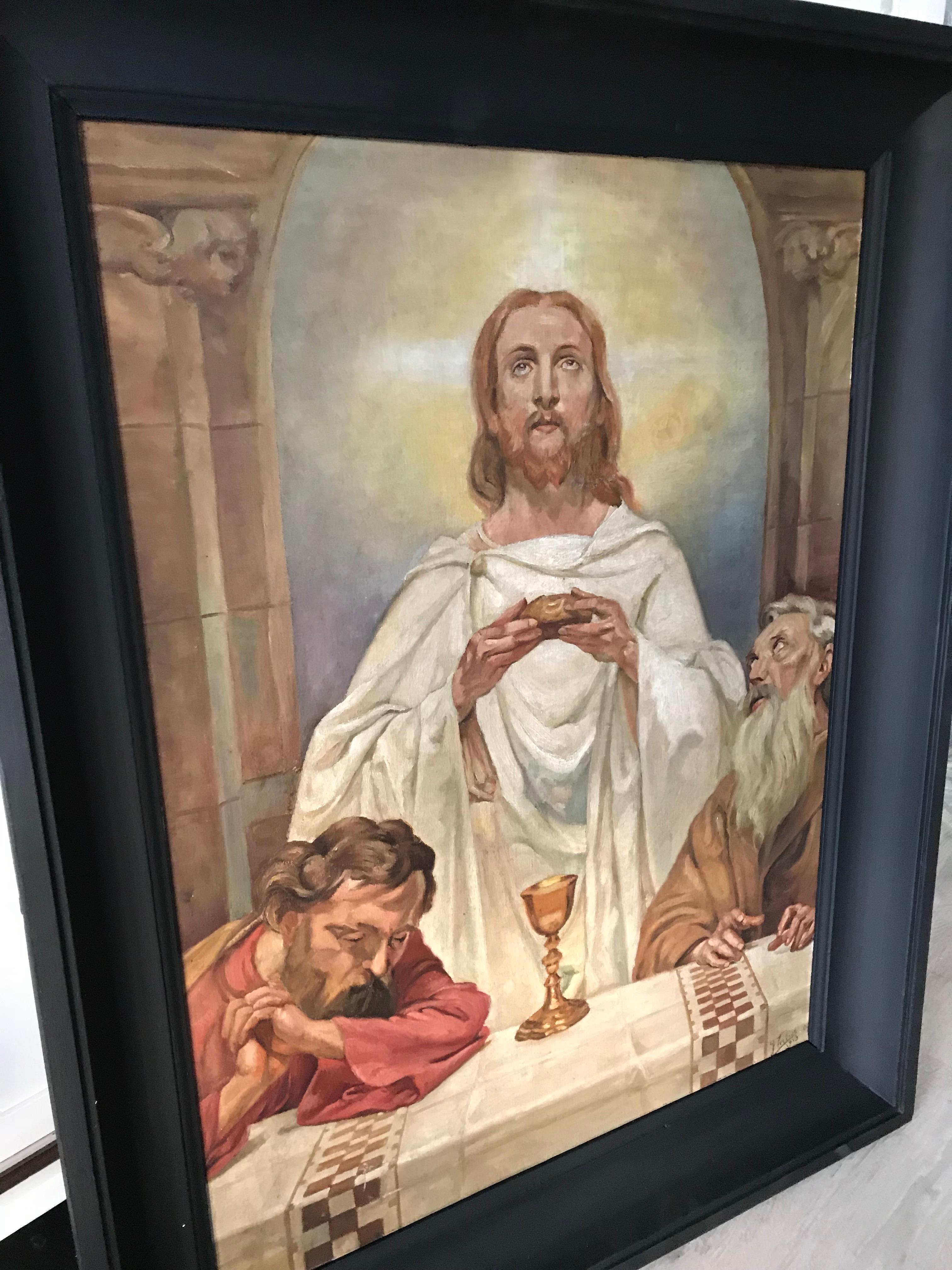 20th Century Wonderful Antique Painting of Christ and Two Apostles in Ebonized Wooden Frame For Sale
