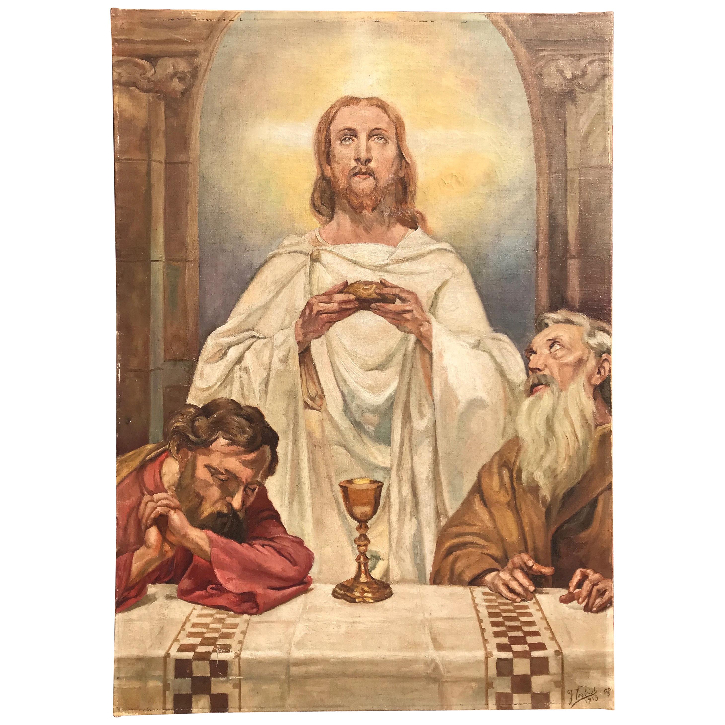 Merveilleuse peinture ancienne représentant le Christ et deux aumôniers dans un cadre en bois ébénisé