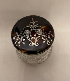 Wonderful Antique Sterling Silver Tortoise Shell Crystal Vanity Box Powder Jar