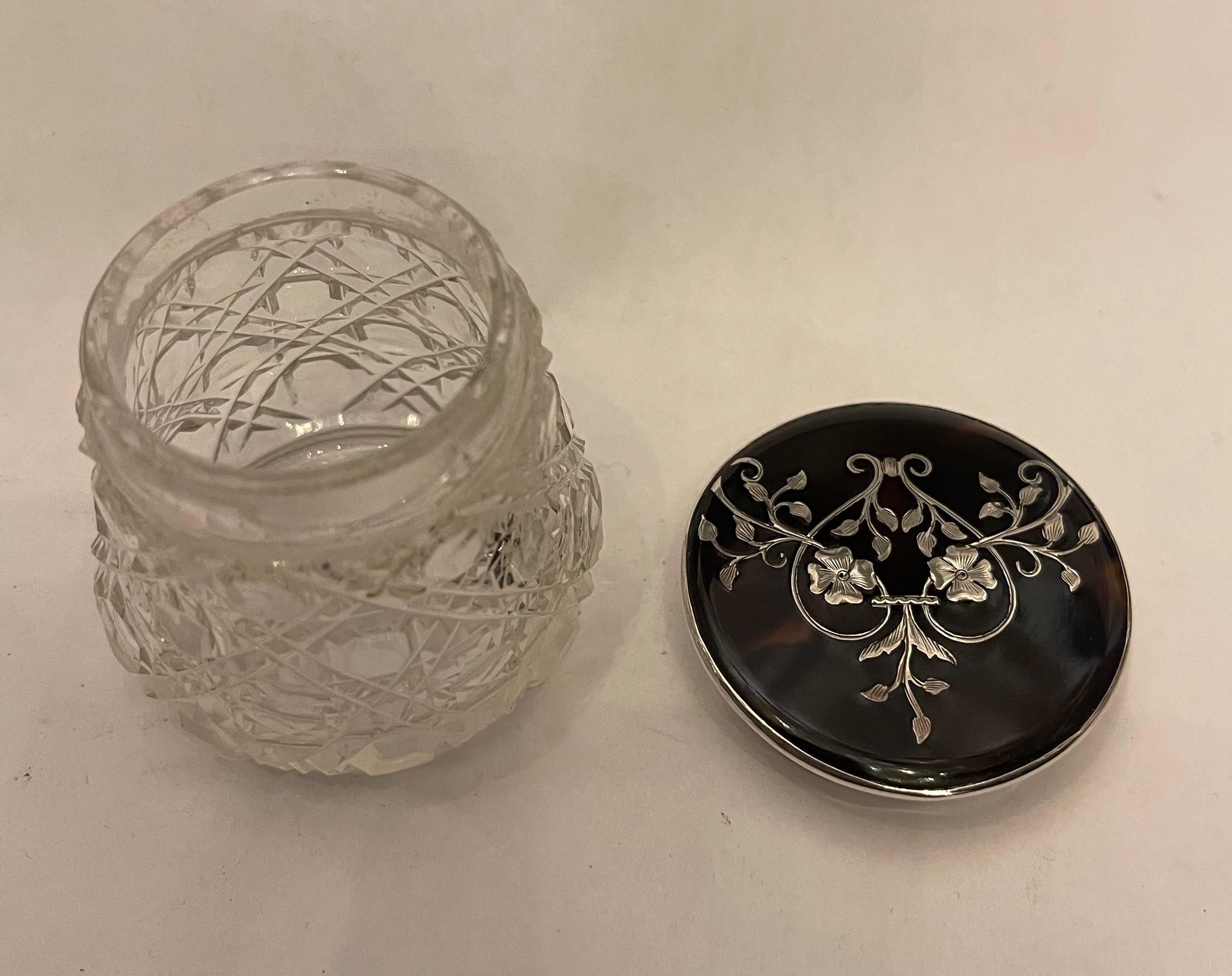 Victorian Wonderful Antique Sterling Silver Tortoise Shell Crystal Vanity Box Powder Jar For Sale