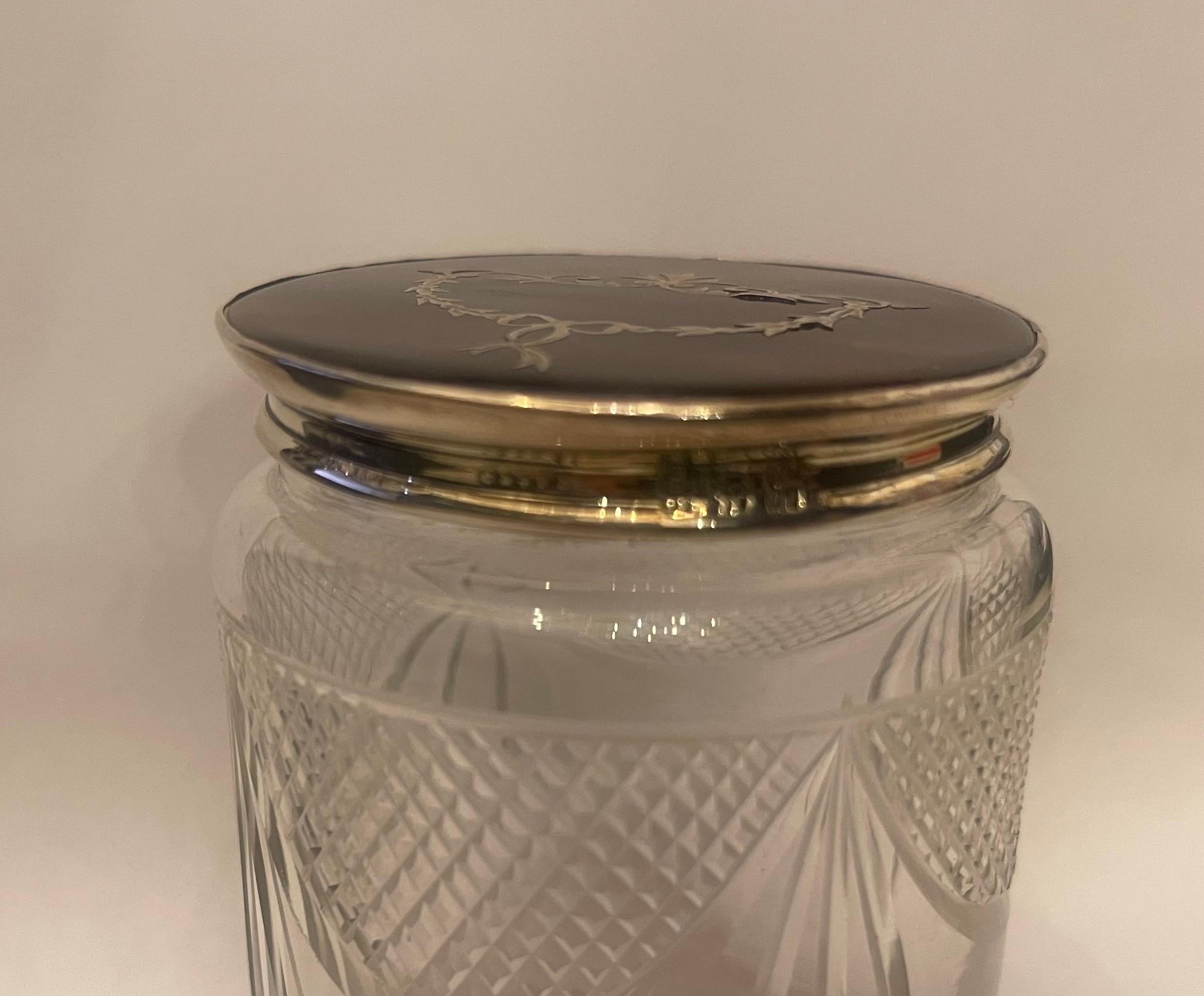 Faceted Wonderful Antique Sterling Silver Tortoise Shell Crystal Vanity Box Powder Jar For Sale