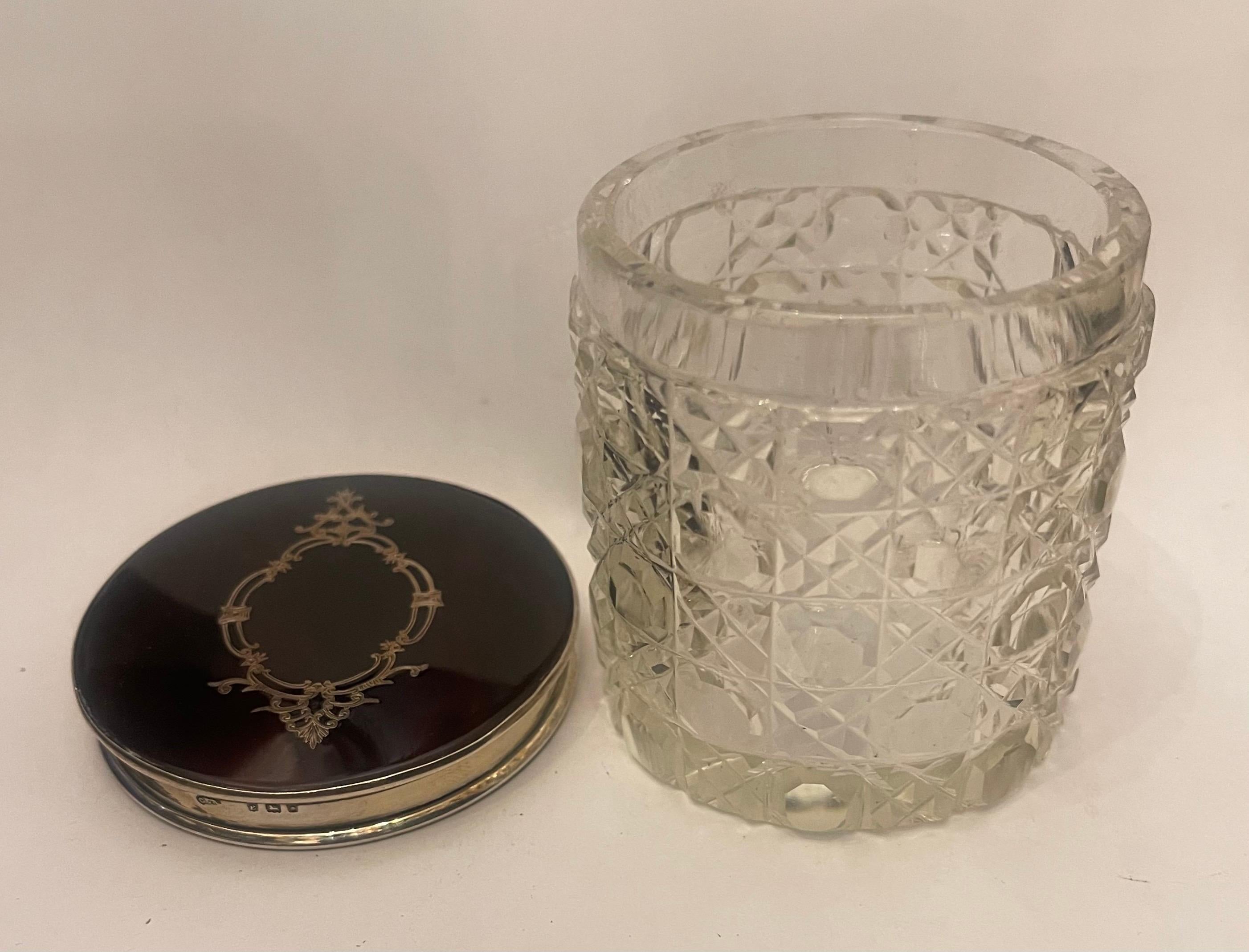Faceted Wonderful Antique Sterling Silver Tortoise Shell Crystal Vanity Box Powder Jar For Sale