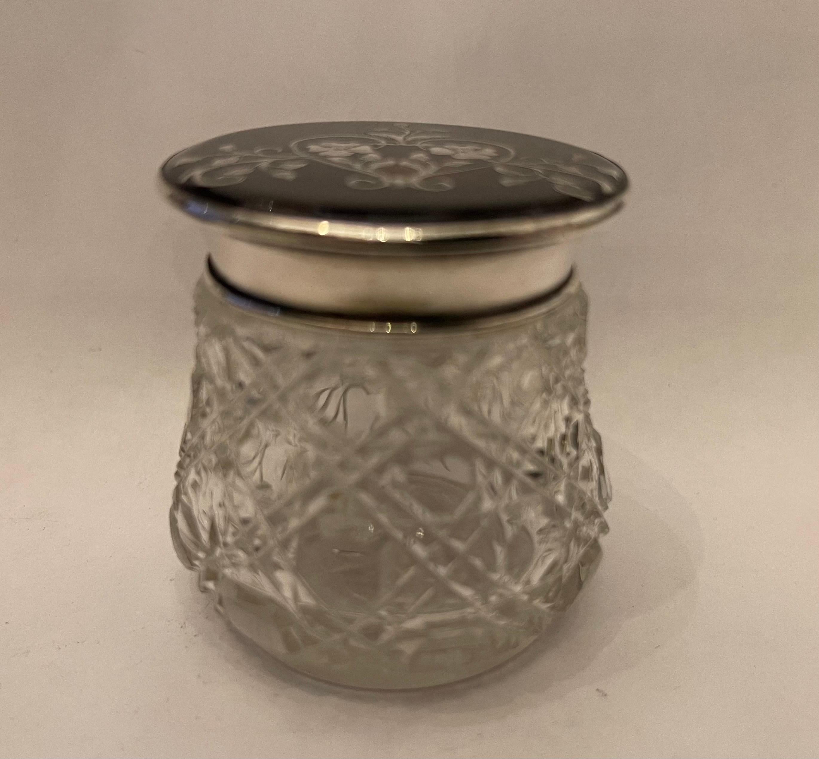 Faceted Wonderful Antique Sterling Silver Tortoise Shell Crystal Vanity Box Powder Jar For Sale
