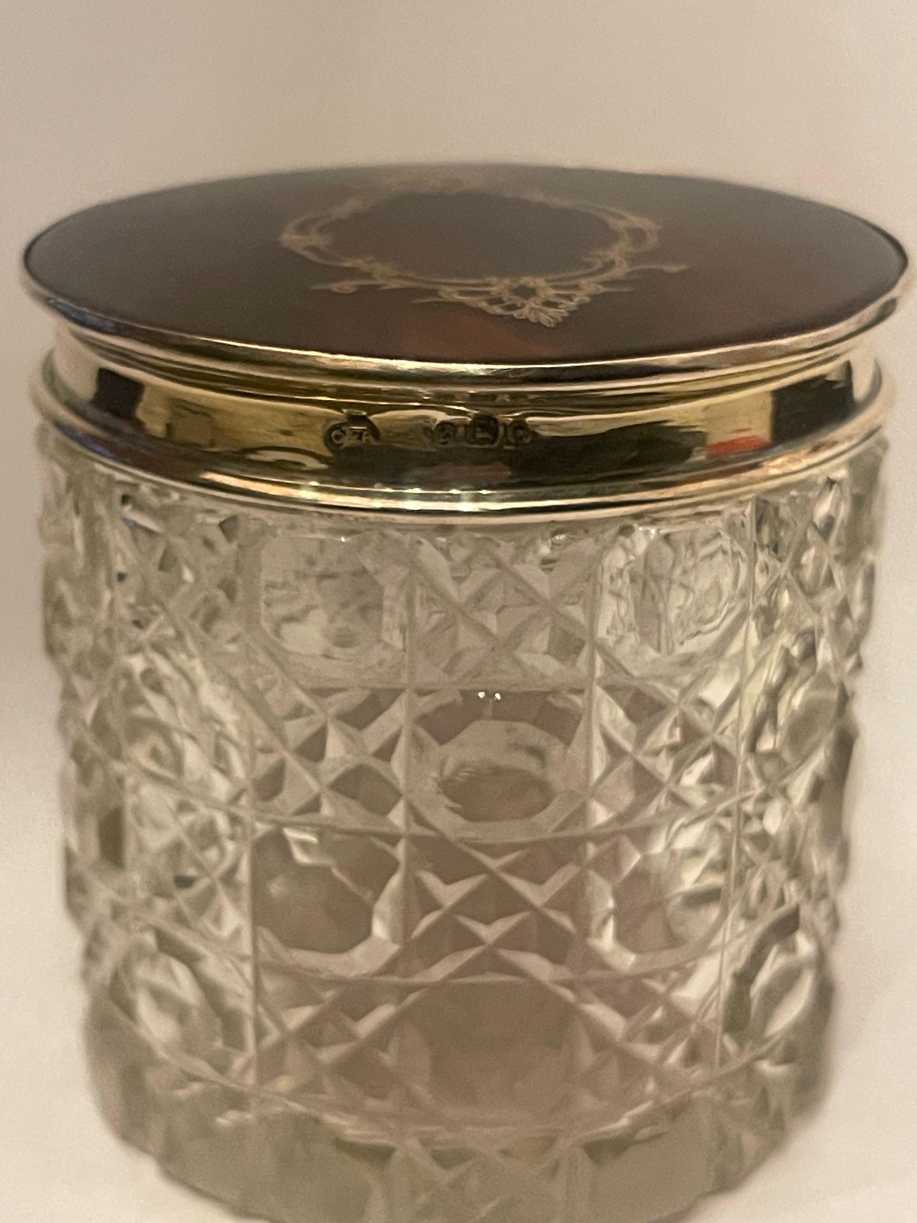 Wonderful Antique Sterling Silver Tortoise Shell Crystal Vanity Box Powder Jar In Good Condition For Sale In Roslyn, NY