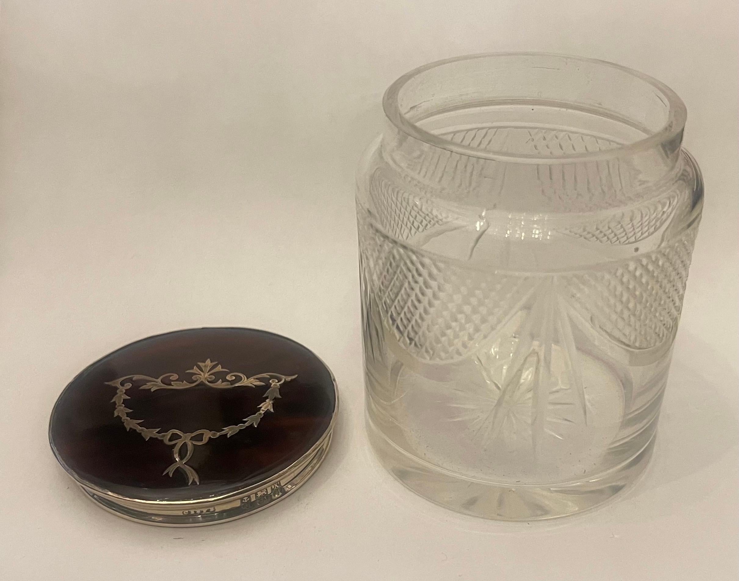 20th Century Wonderful Antique Sterling Silver Tortoise Shell Crystal Vanity Box Powder Jar For Sale