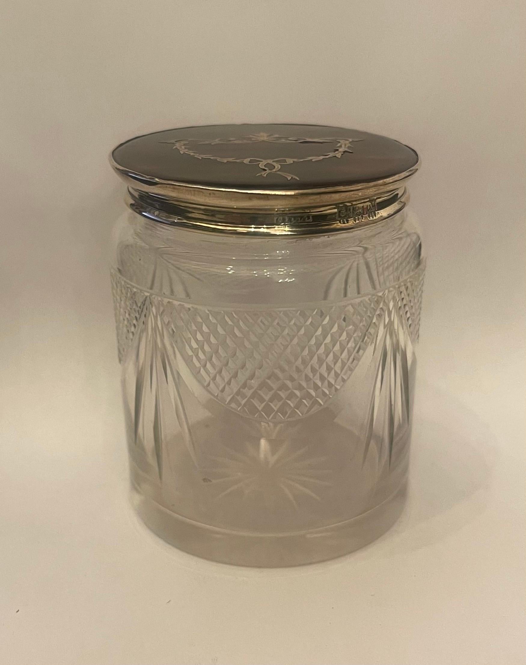 Wonderful Antique Sterling Silver Tortoise Shell Crystal Vanity Box Powder Jar For Sale 1
