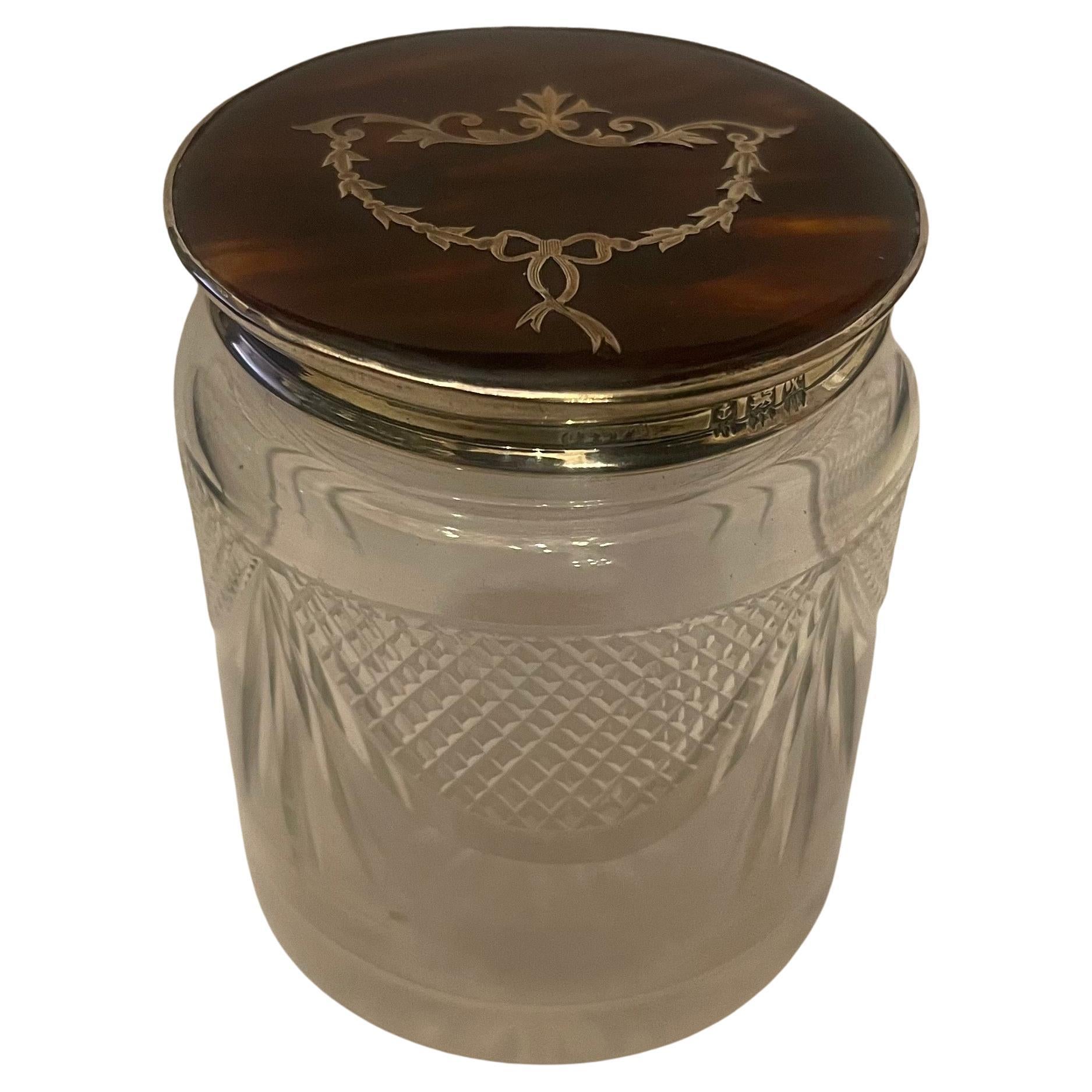 Wonderful Antique Sterling Silver Tortoise Shell Crystal Vanity Box Powder Jar