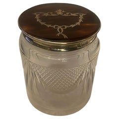 Wonderful Antique Sterling Silver Tortoise Shell Crystal Vanity Box Powder Jar