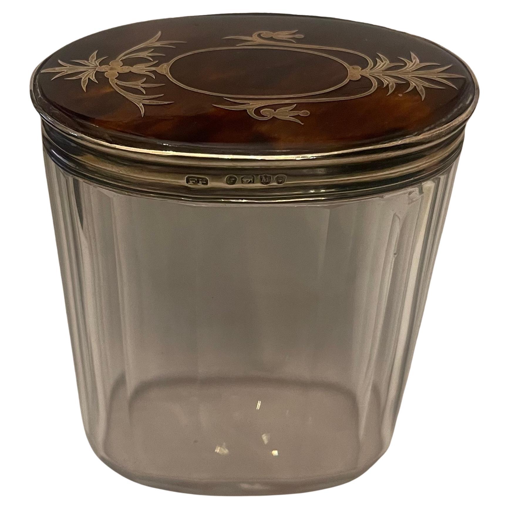 Wonderful Antique Sterling Silver Tortoise Shell Crystal Vanity Box Powder Jar