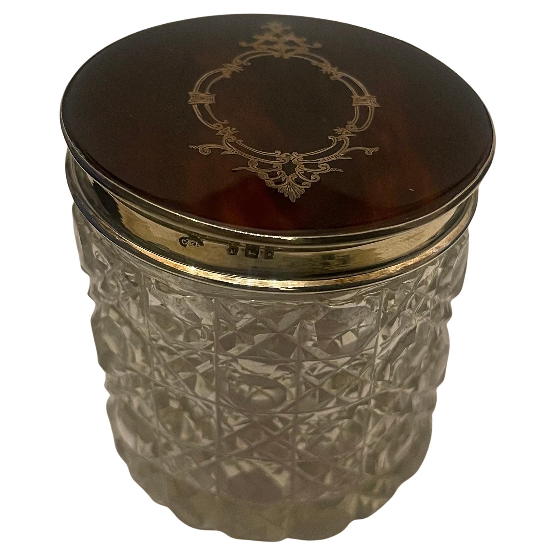 Wonderful Antique Sterling Silver Tortoise Shell Crystal Vanity Box Powder Jar