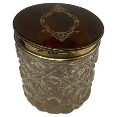 Wonderful Antique Sterling Silver Tortoise Shell Crystal Vanity Box Powder Jar