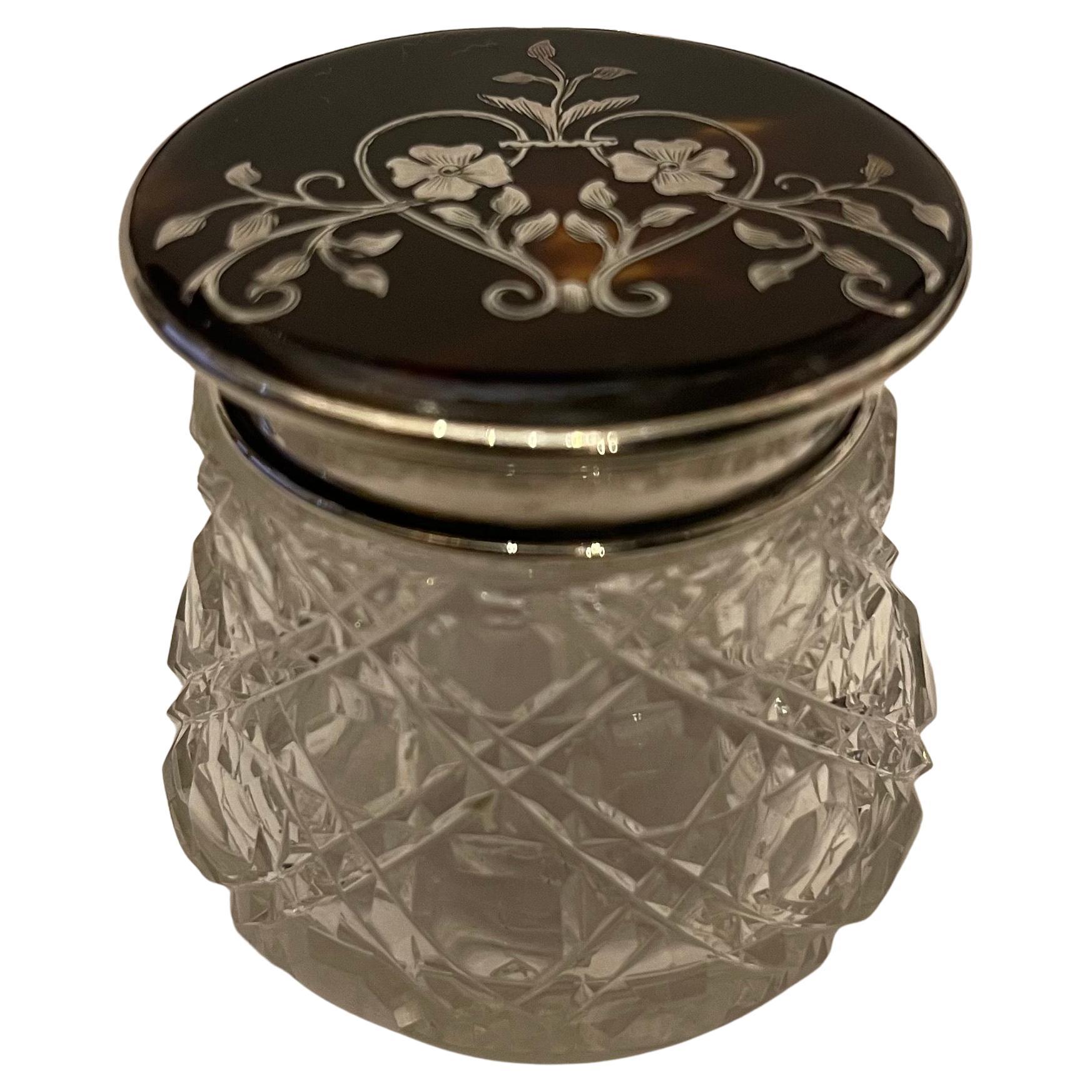 Wonderful Antique Sterling Silver Tortoise Shell Crystal Vanity Box Powder Jar For Sale