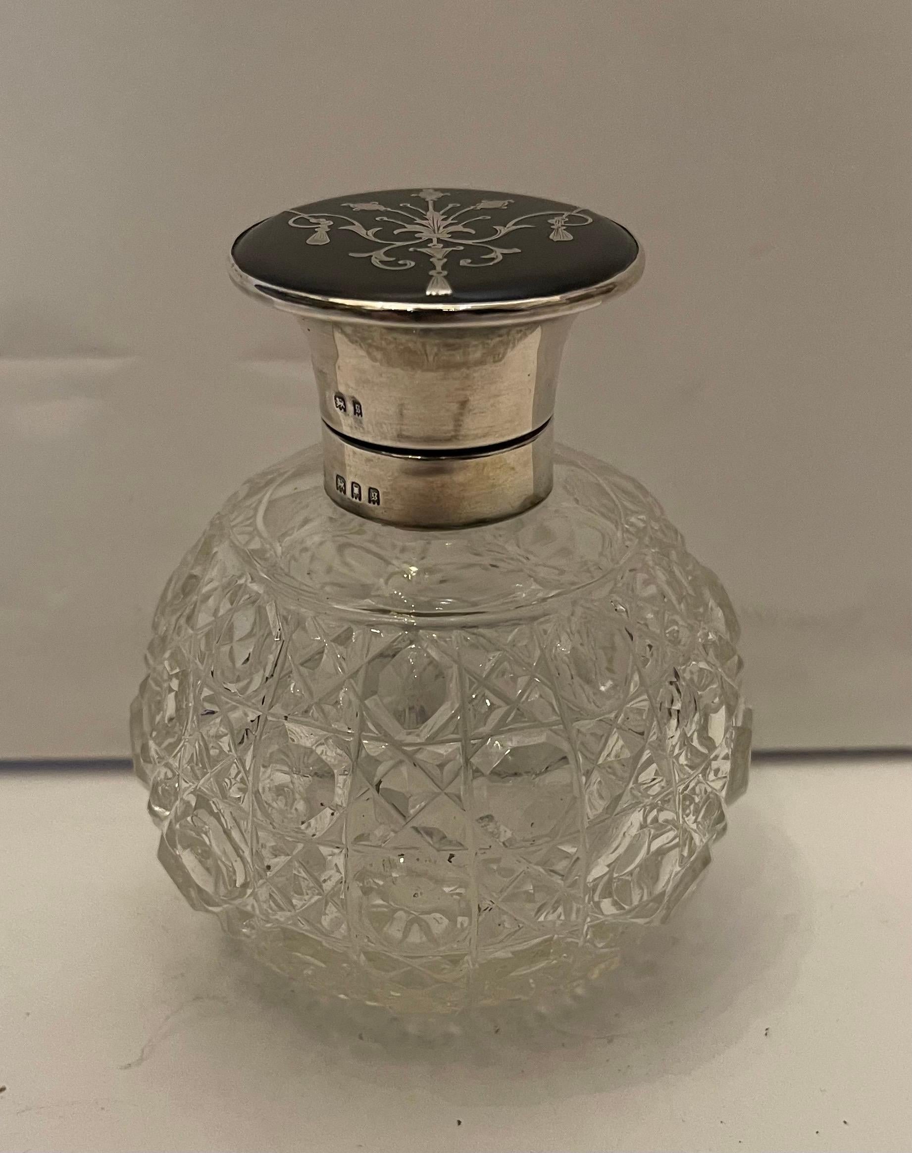 Faceted Wonderful Antique Sterling Silver Tortoise Shell Cut Crystal Perfume Bottle For Sale