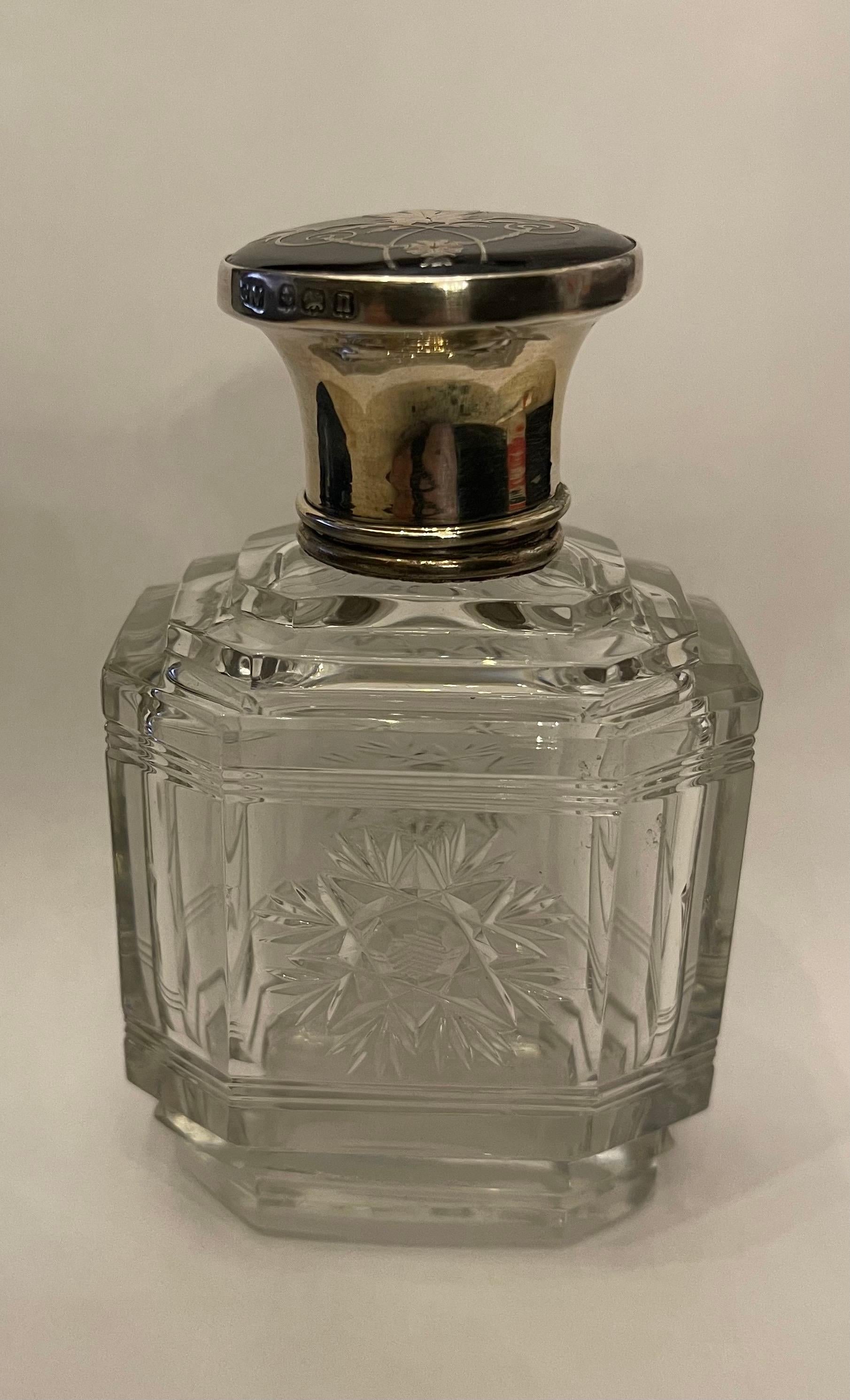 Faceted Wonderful Antique Sterling Silver Tortoise Shell Cut Crystal Perfume Bottle For Sale