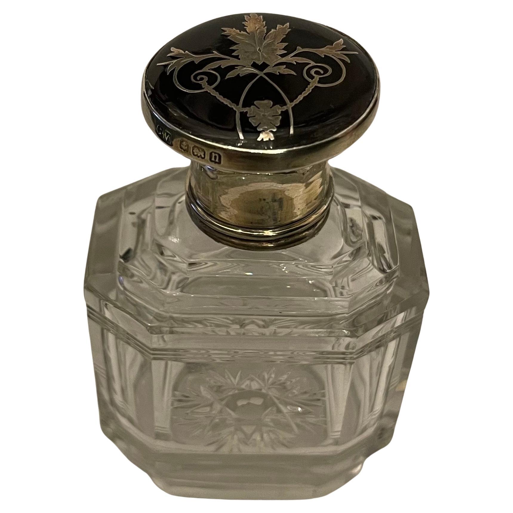 Wonderful Antique Sterling Silver Tortoise Shell Cut Crystal Perfume Bottle